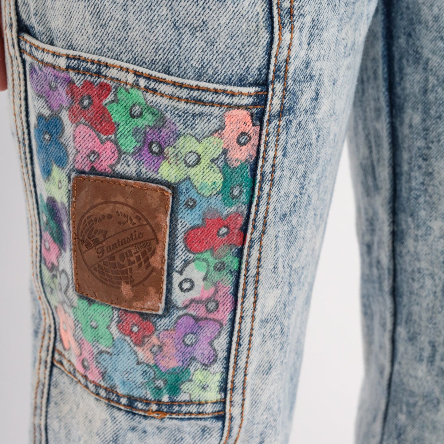 90s Acid Wash Denim Overalls Neon Floral Hand Painted Tapered Bib Small