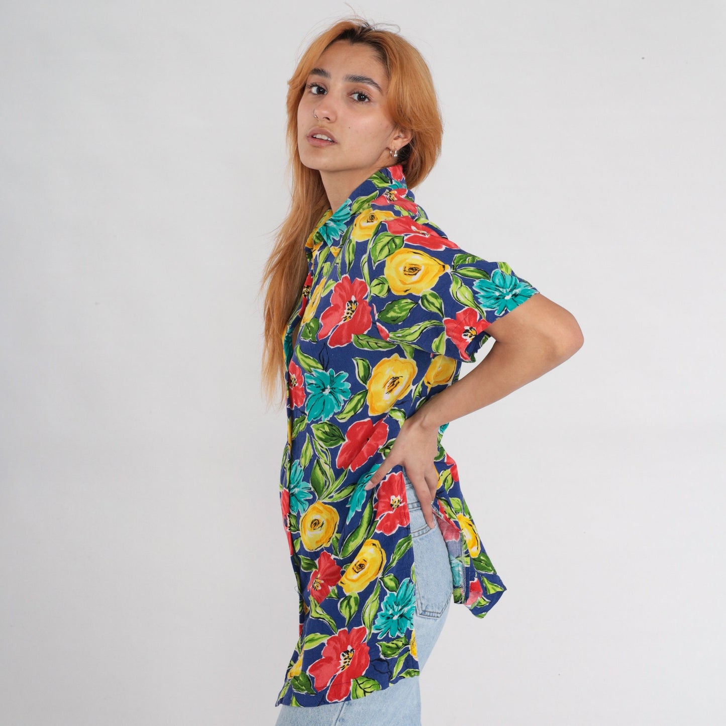 90s Floral Rayon Button-Up Blouse Short Sleeve Red Yellow Blue Small S