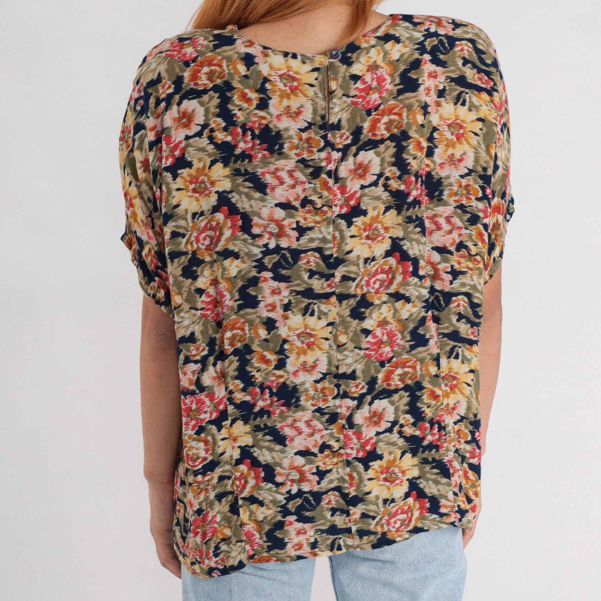 90s Karen Scott Floral Blouse Short Sleeve Rayon Navy Yellow Pink Large L