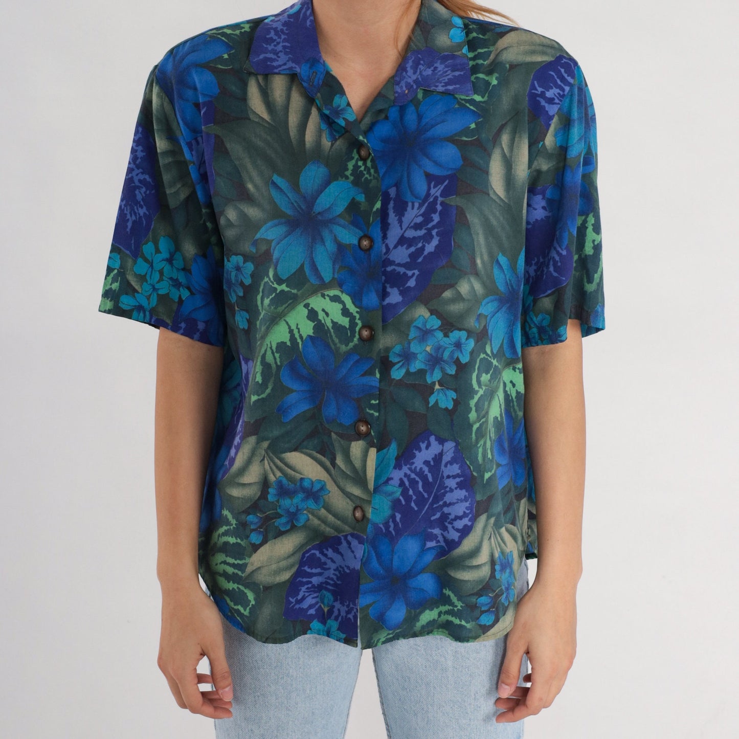 80s Tropical Floral Button-Up Shirt Blue Short Sleeve Blouse Large L