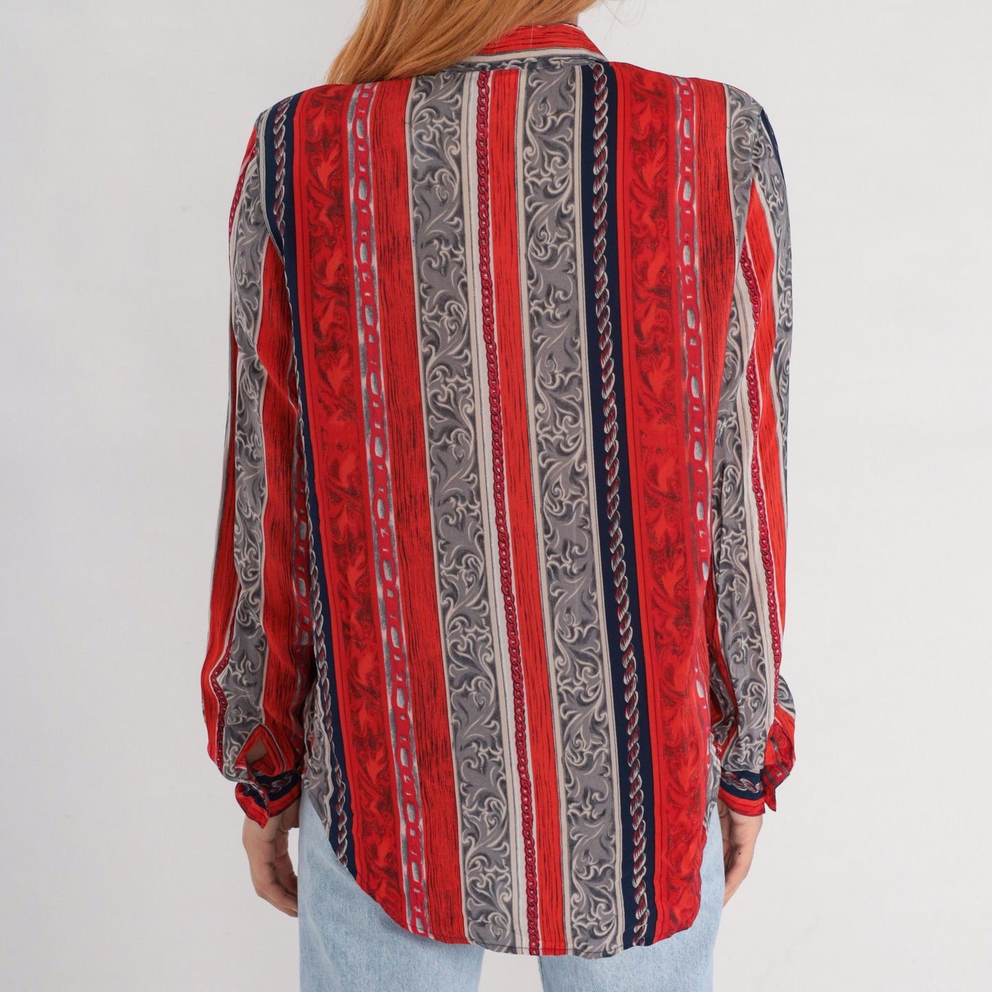 90s Silk Baroque Striped Button-Up Blouse Chain Print Red Grey Medium