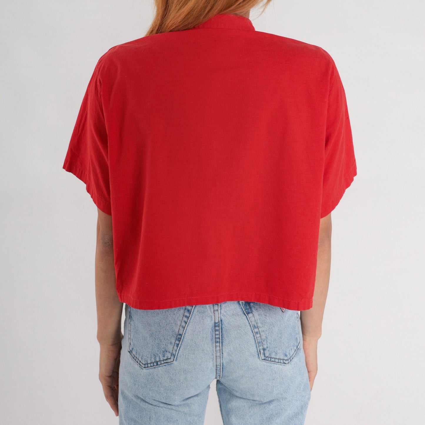 80s Red Button-Up Blouse Short Sleeve Chest Pocket Cotton Blend Medium