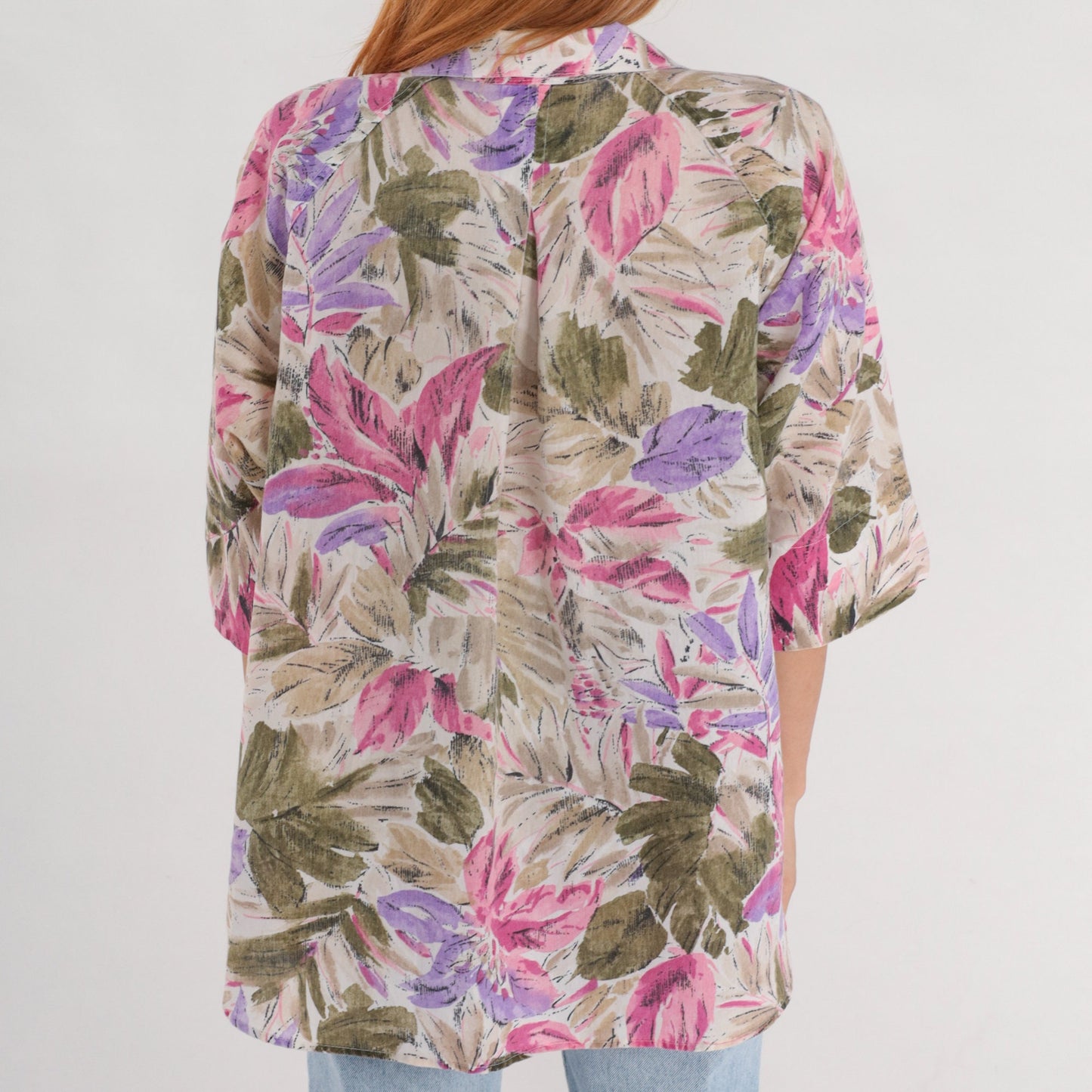 90s Floral Button Up Blouse Tan Olive Green Purple Pink 3/4 Sleeve XXL