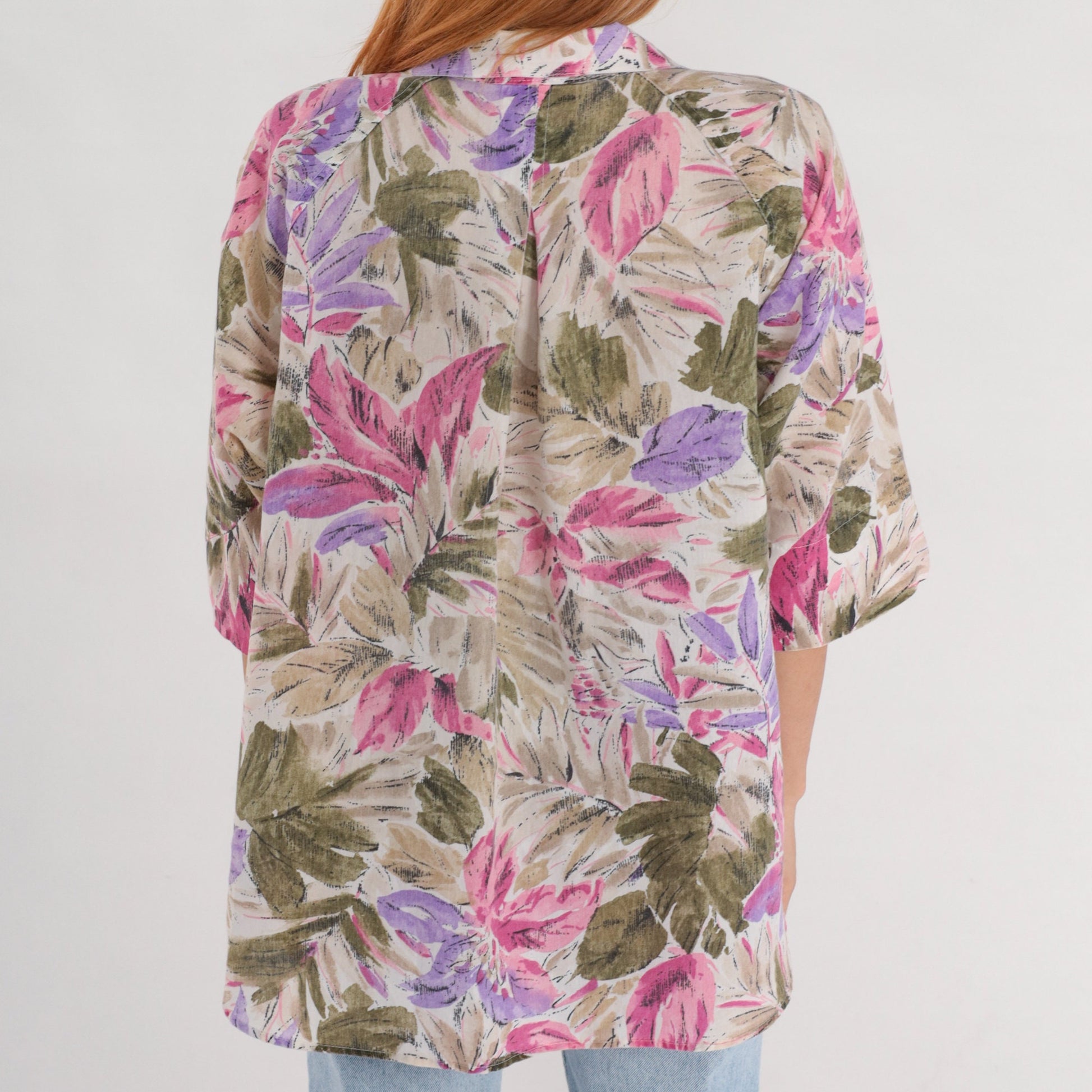 90s Floral Button Up Blouse Tan Olive Green Purple Pink 3/4 Sleeve XXL