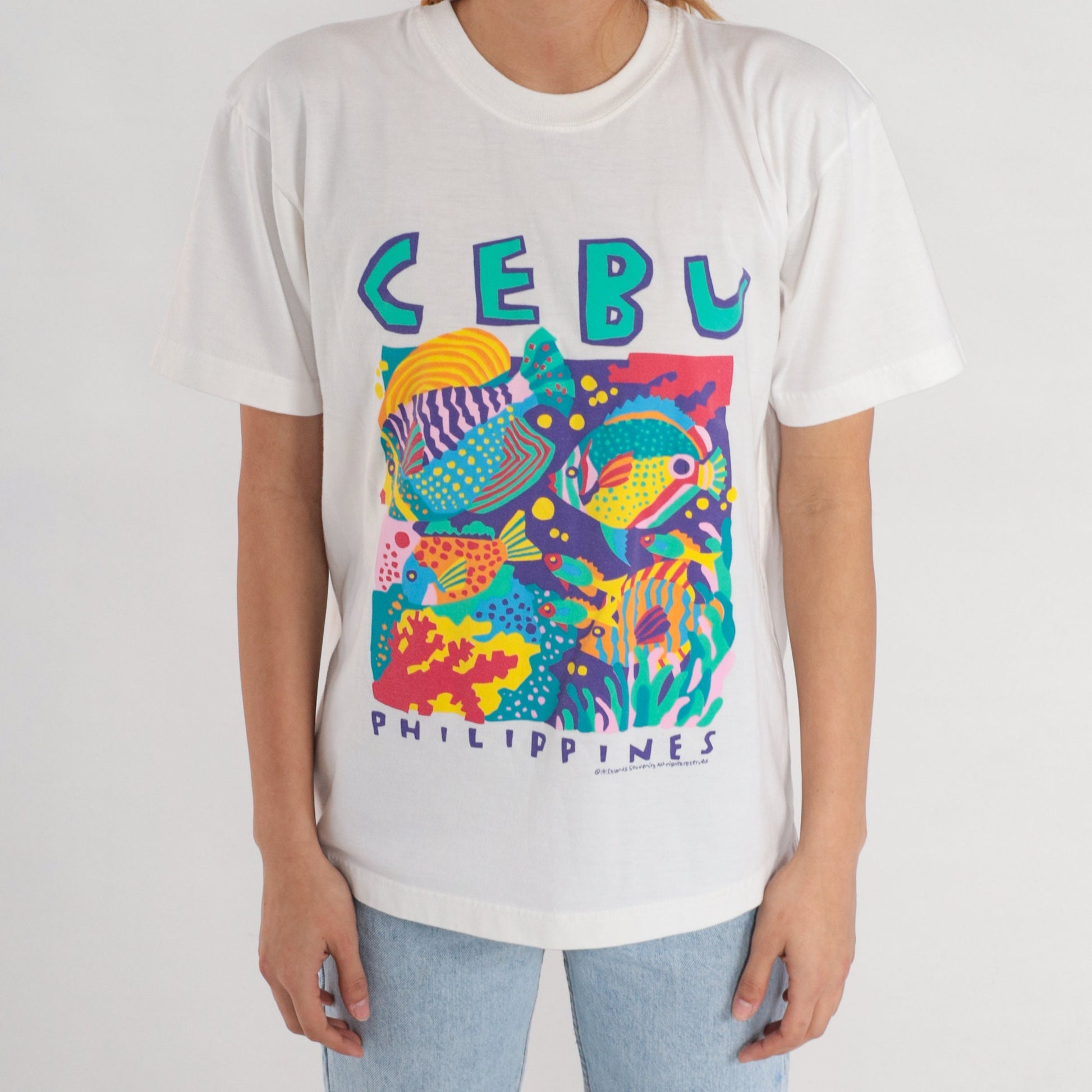 00s Cebu Philippines Tropical Fish Graphic Tee White Cotton Small
