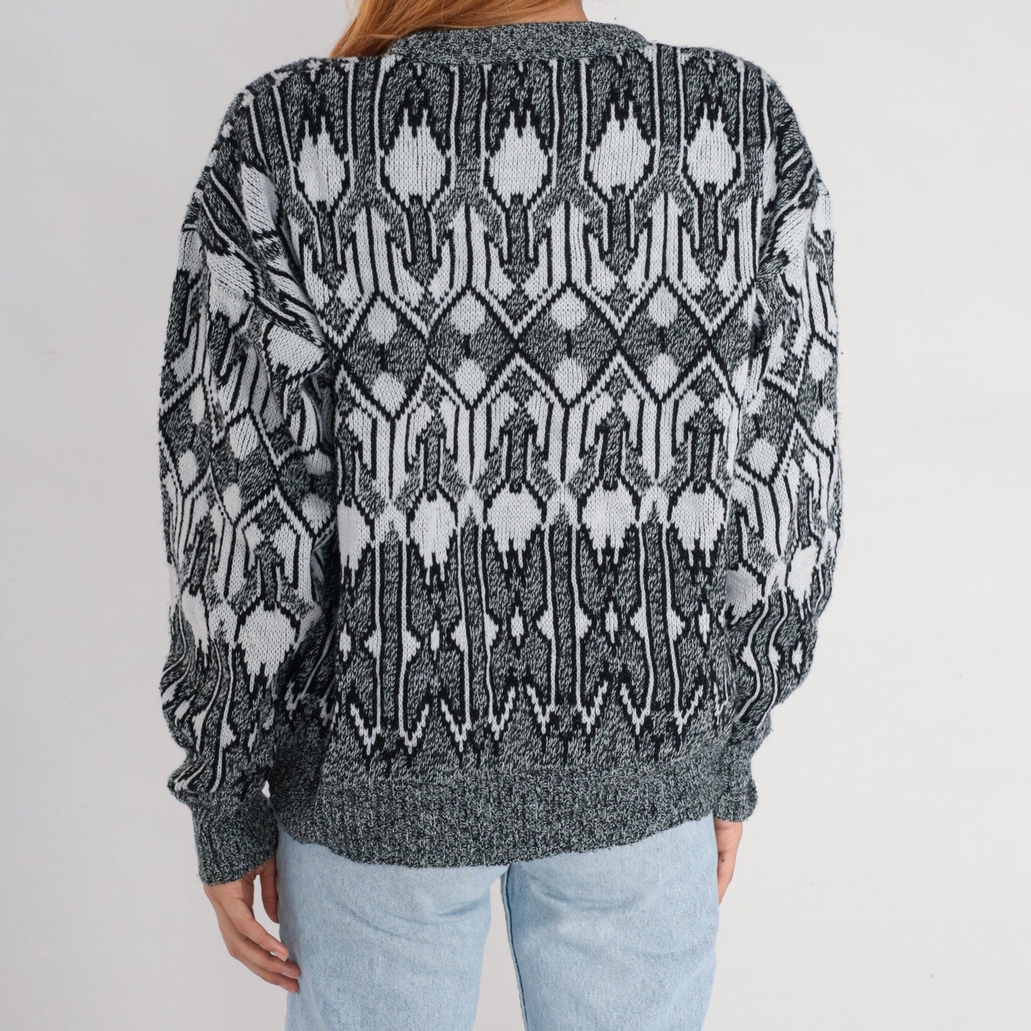 90s Geometric Knit Sweater Grey Black White Crewneck Pullover Large