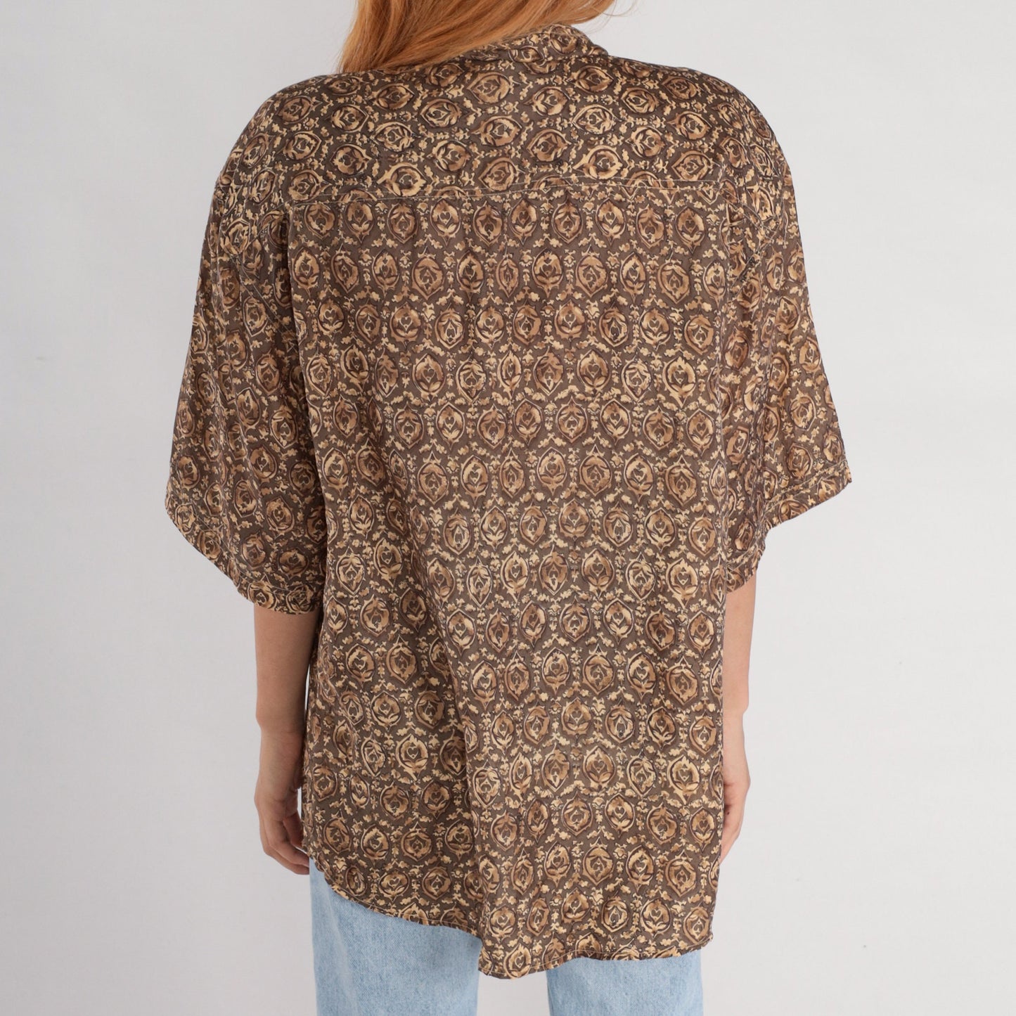 Y2K Brown Geometric Floral Silk Button-Up Shirt Short Sleeve Small S