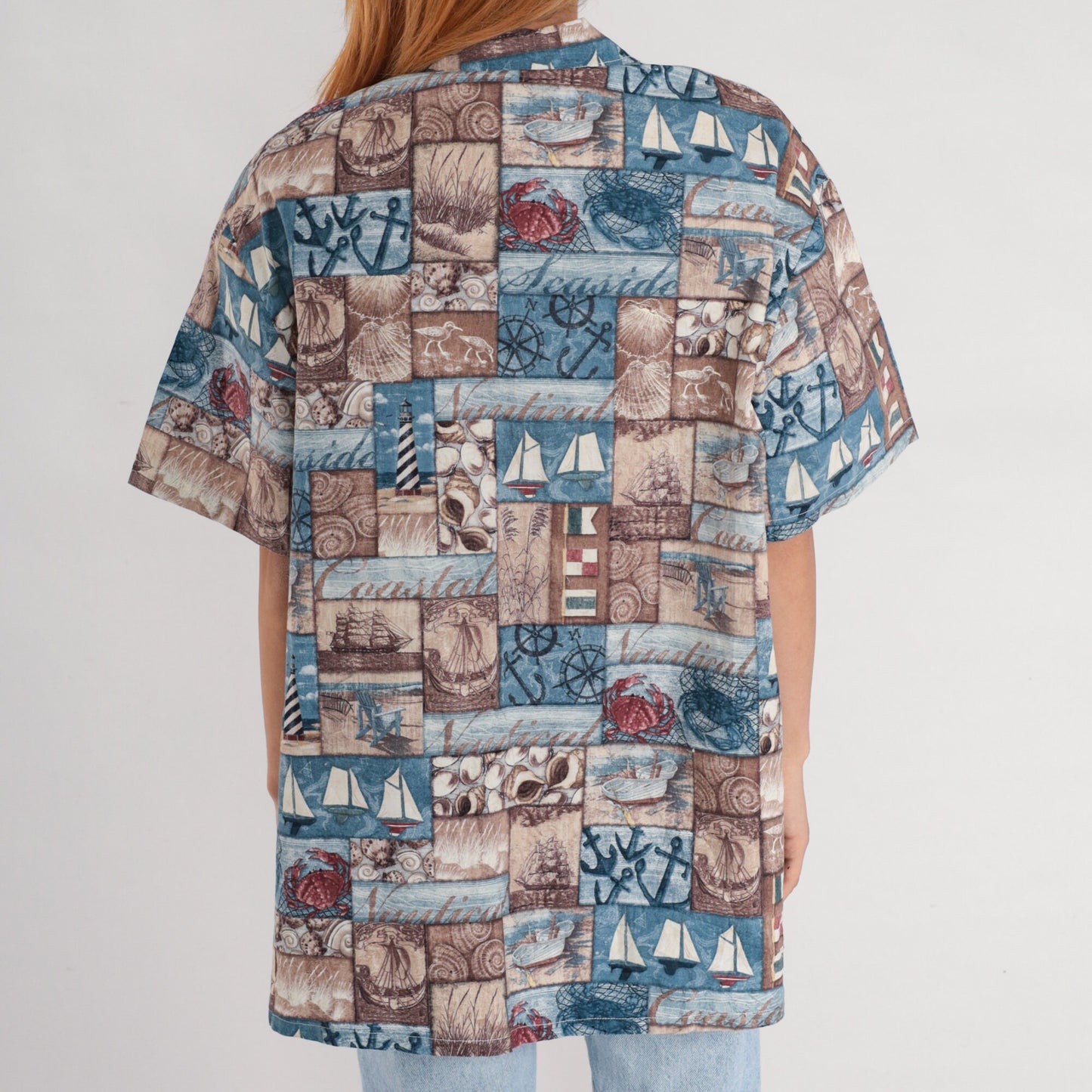 90s Nautical Sailboat Button-Up Shirt Blue Short Sleeve Extra Large XL