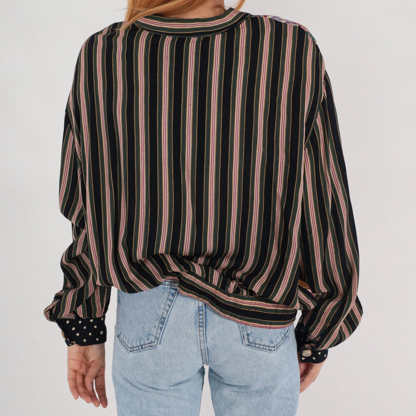 90s Carole Little Floral Button-Up Blouse Rayon Striped Balloon Sleeve Large