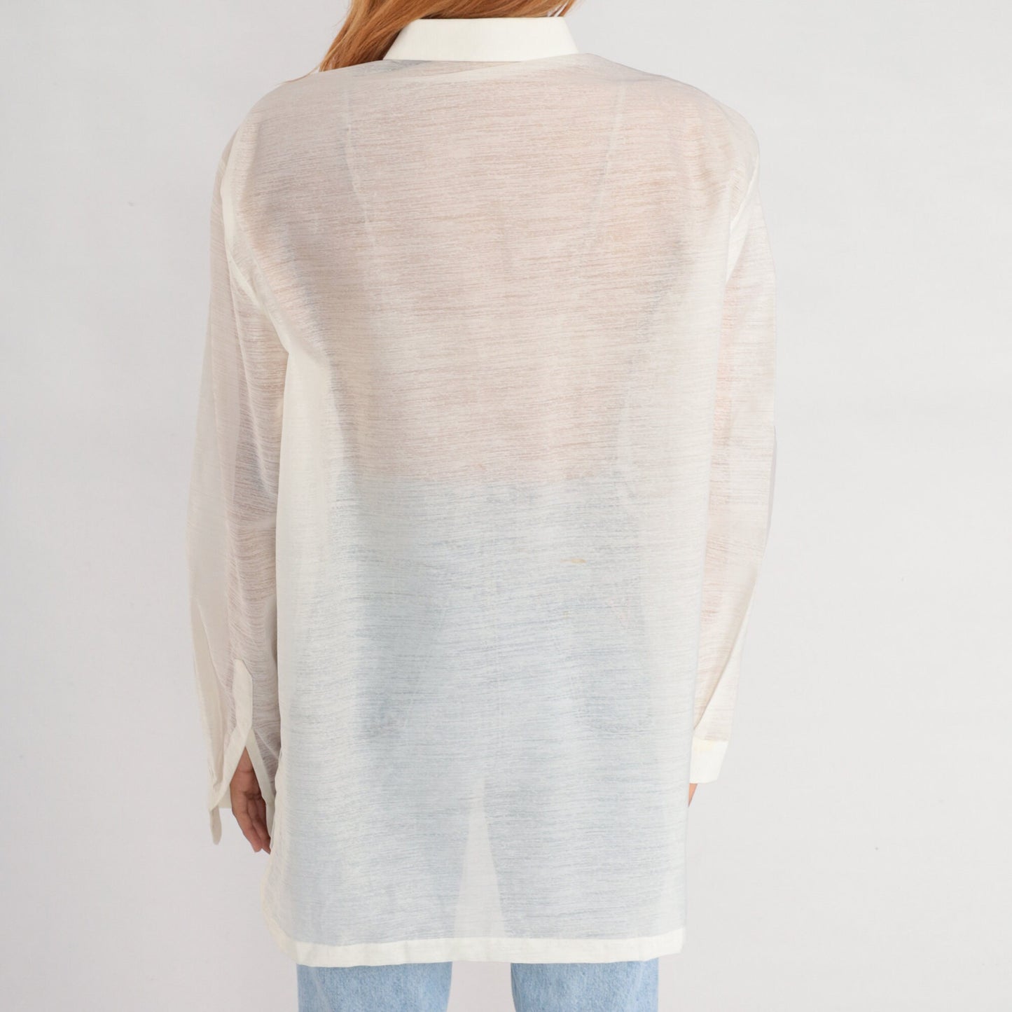 00s Sheer White Embroidered Button-Up Blouse Long Sleeve Floral Large L