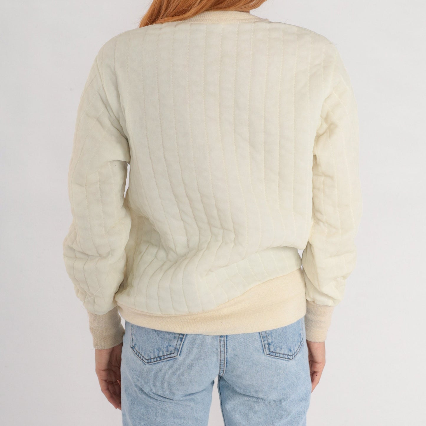 80s Quilted Jacket Liner Cream Nylon Pullover Sweatshirt Medium