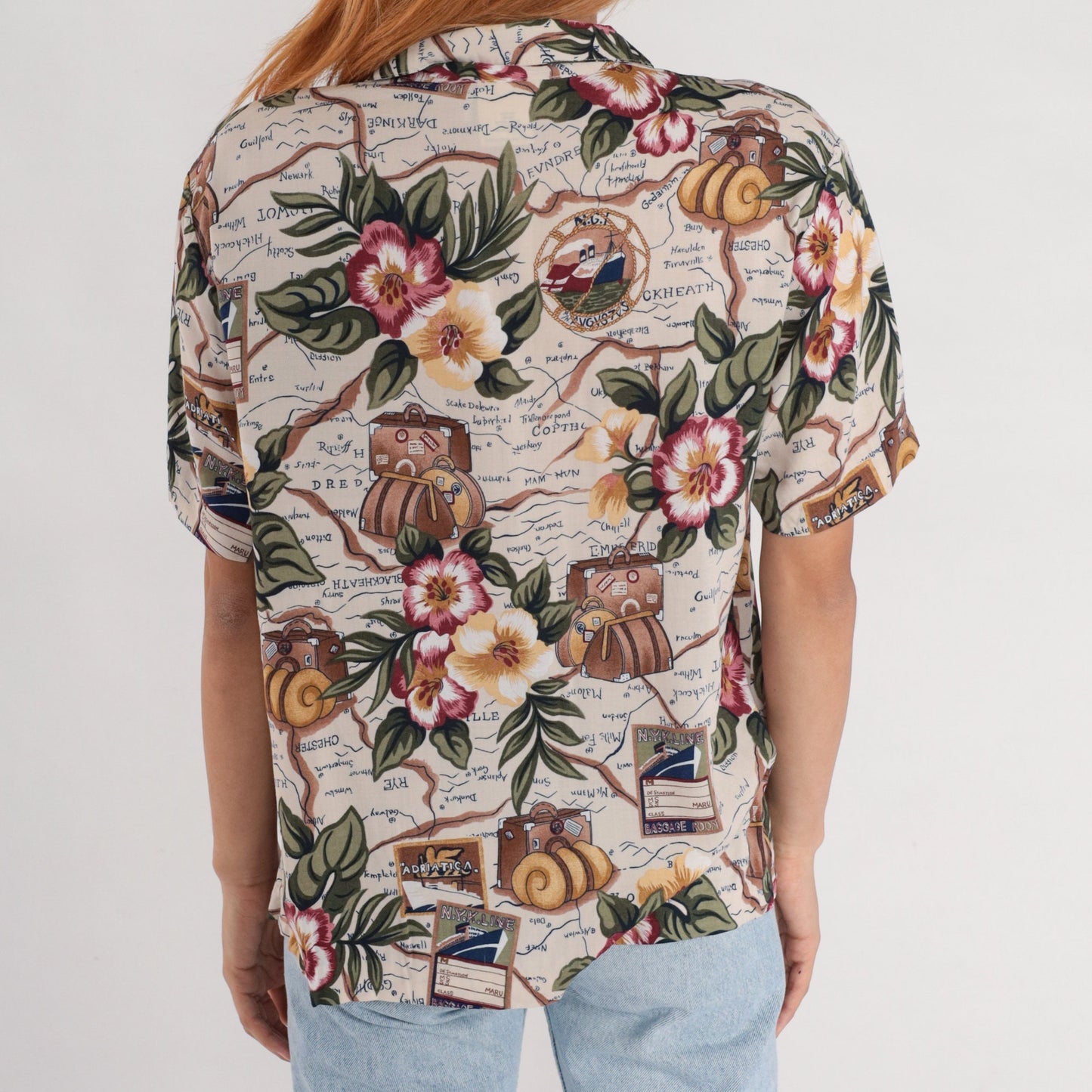 90s Nautical Floral Ship Suitcase Rayon Button-Up Blouse Short Sleeve Medium Petite