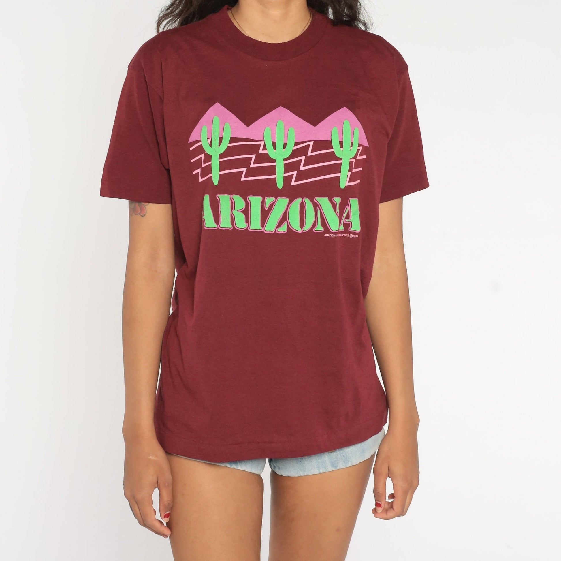 80s Arizona Saguaro Cactus Graphic T-Shirt Burgundy Single Stitch Medium