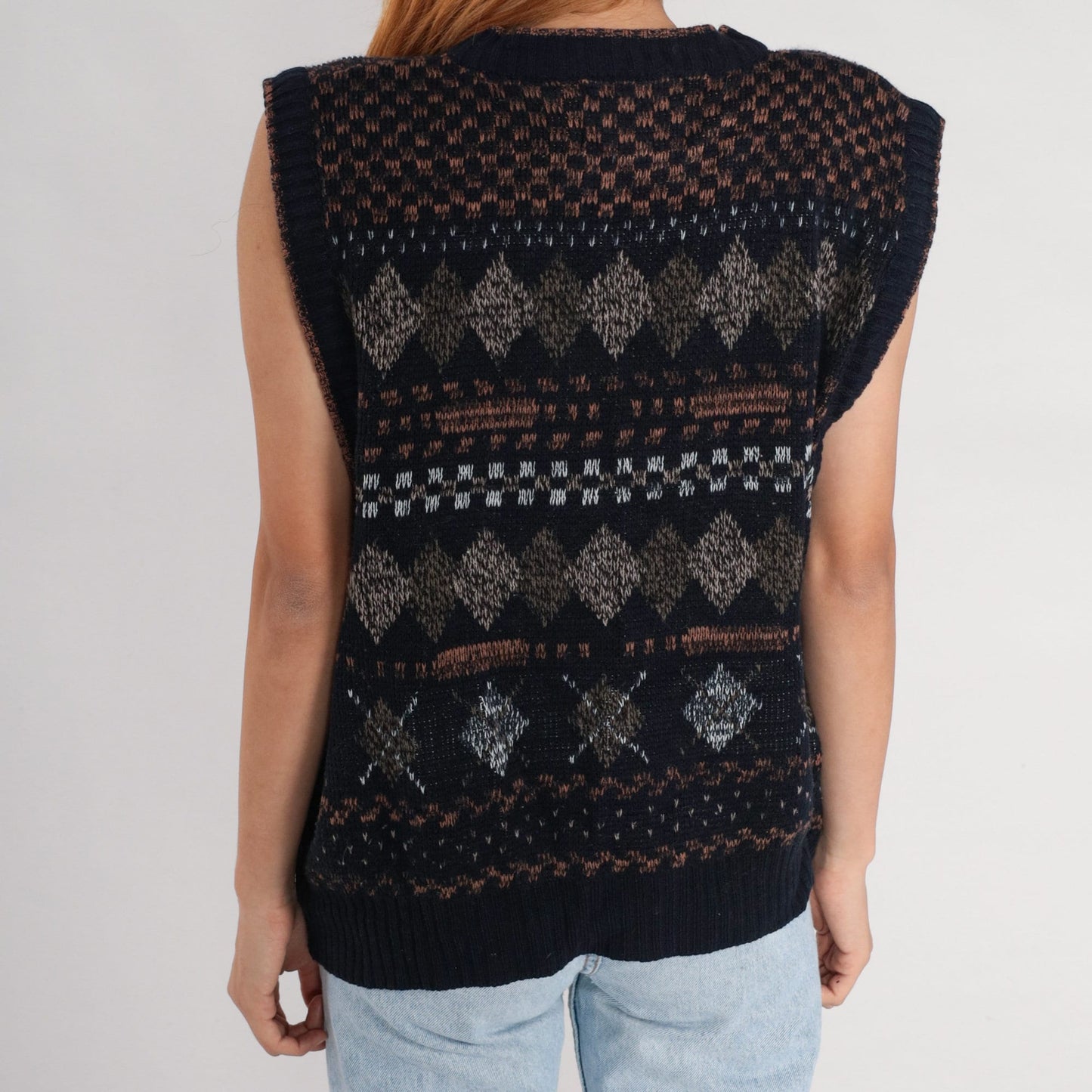 90s Expressions Black Argyle Sweater Vest Button-Up Knit Large L