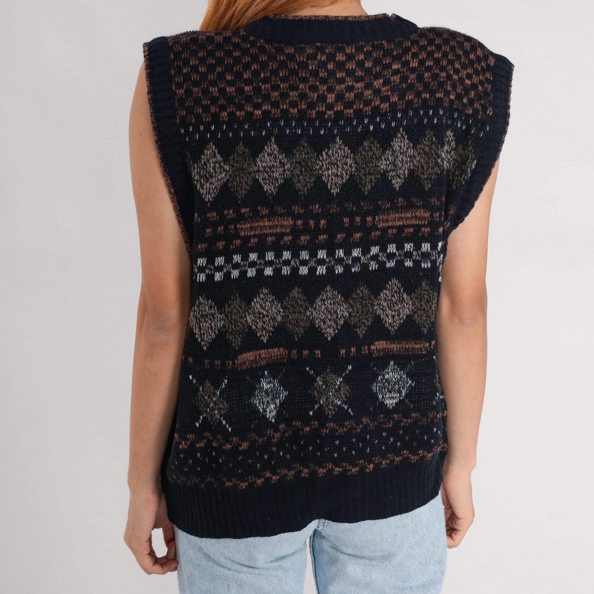90s Expressions Black Argyle Sweater Vest Button-Up Knit Large L