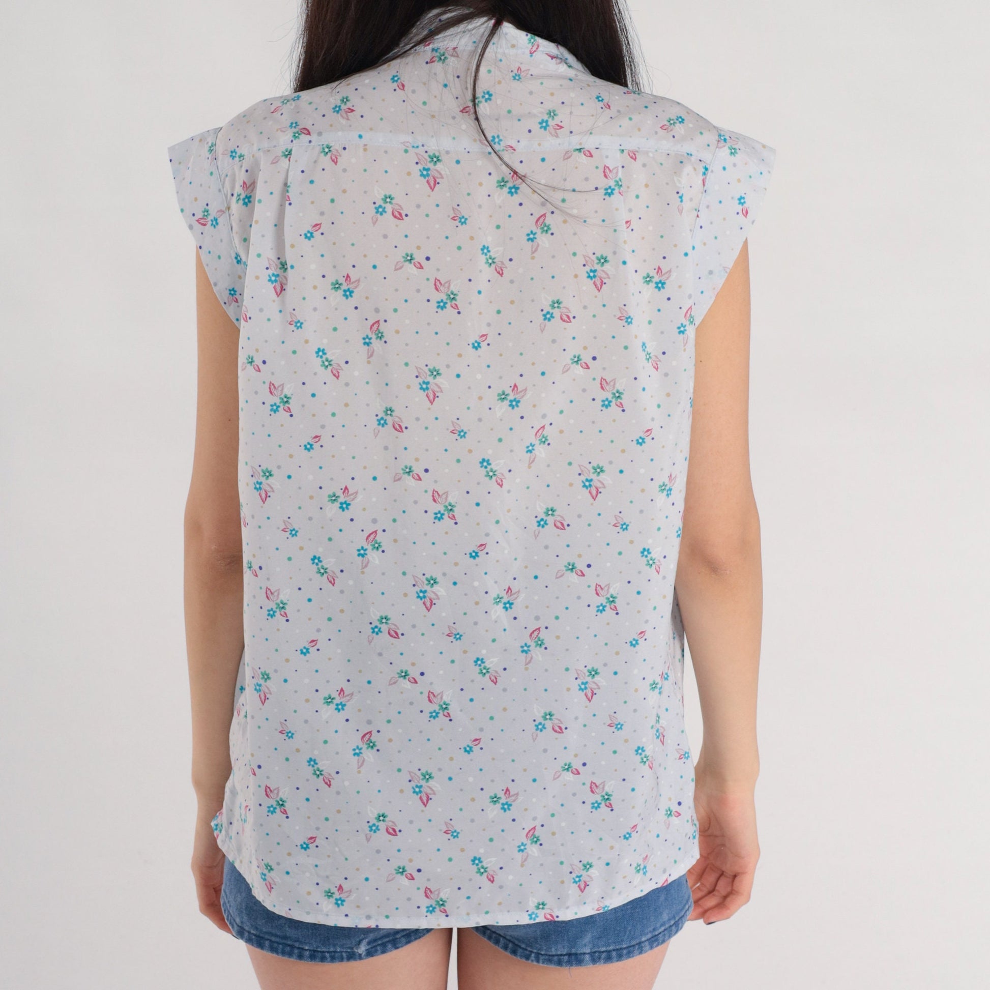 80s Floral Polka Dot Button-Up Blouse Blue Cap Sleeve Shirt Large L