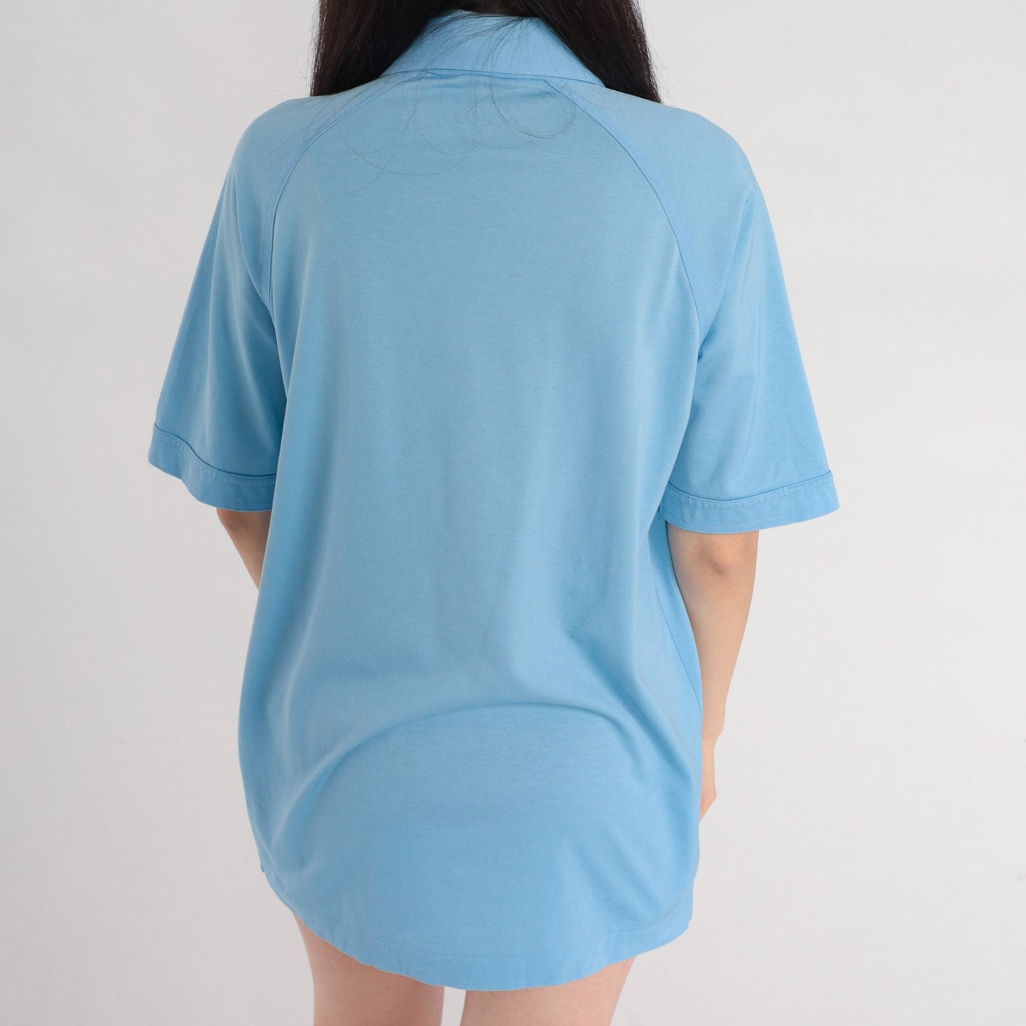 70s Blue Polo Shirt Half Button Raglan Sleeve Collared Top Medium