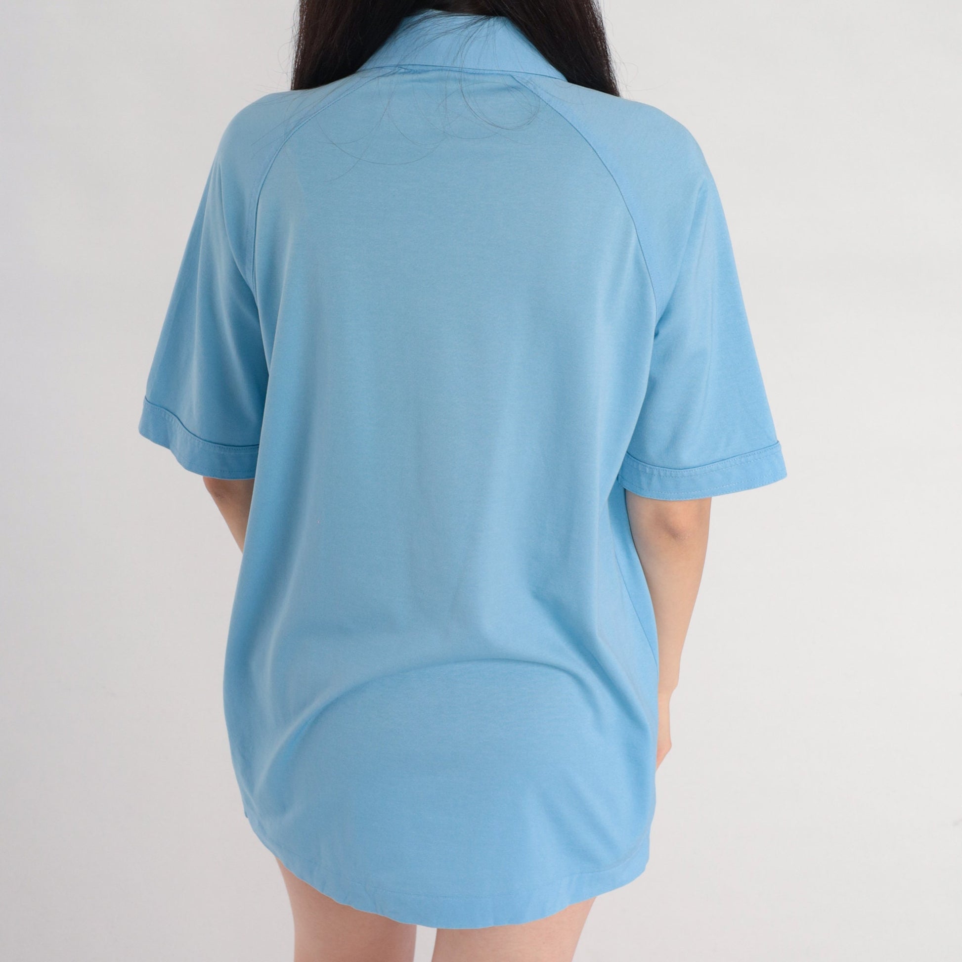 70s Blue Polo Shirt Half Button Raglan Sleeve Collared Top Medium
