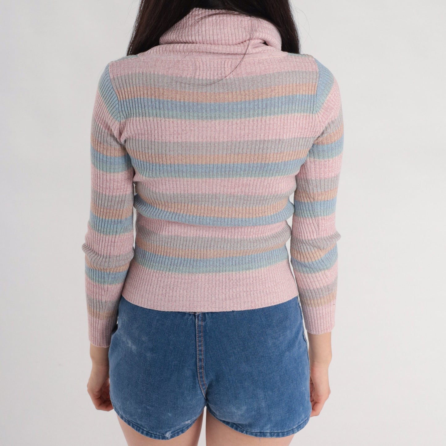80s Sparkly Striped Ribbed Knit Turtleneck Sweater Pastel Pink Blue Orange Small