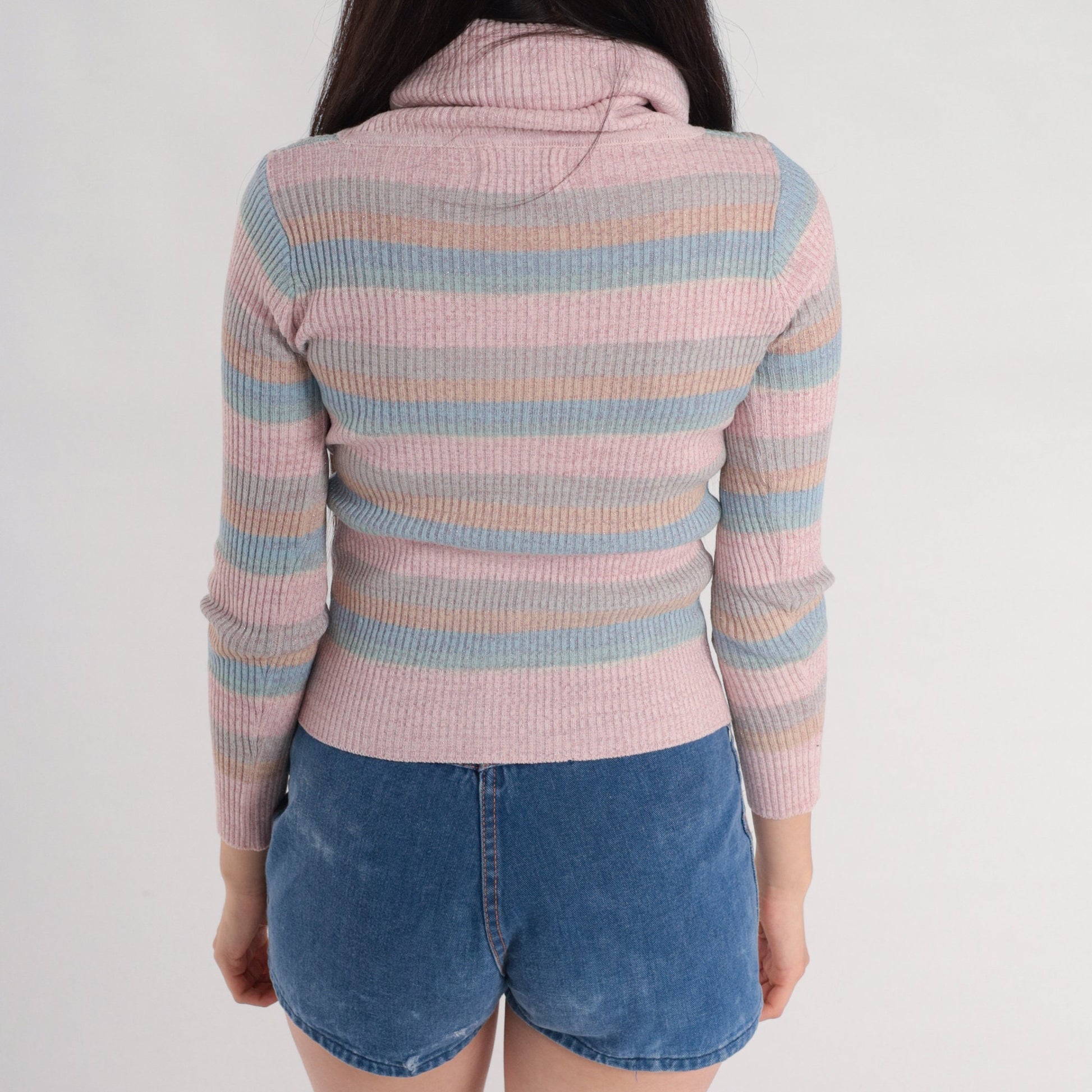 80s Sparkly Striped Ribbed Knit Turtleneck Sweater Pastel Pink Blue Orange Small