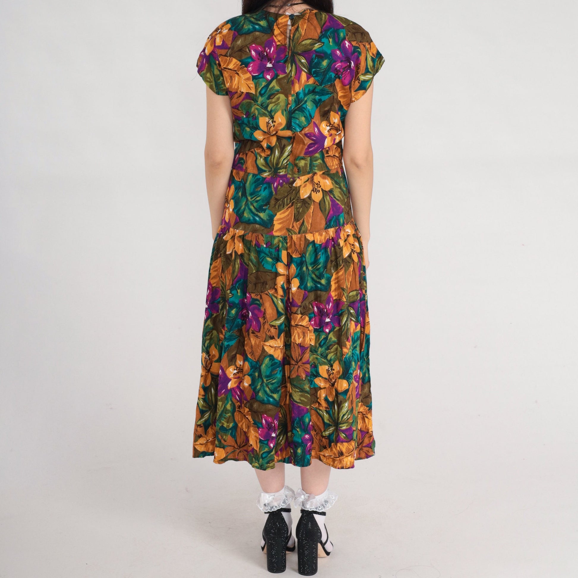 90s Tropical Floral Midi Dress Keyhole Back Short Sleeve Purple Green Yellow Medium 8