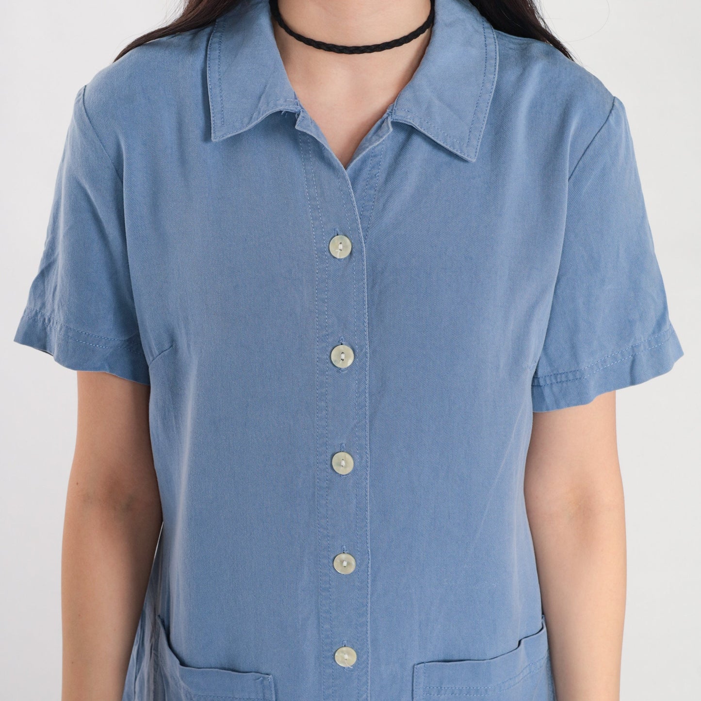 Y2K Talbots Blue Tencel Midi Shirt Dress Button-Up Pockets Medium 8