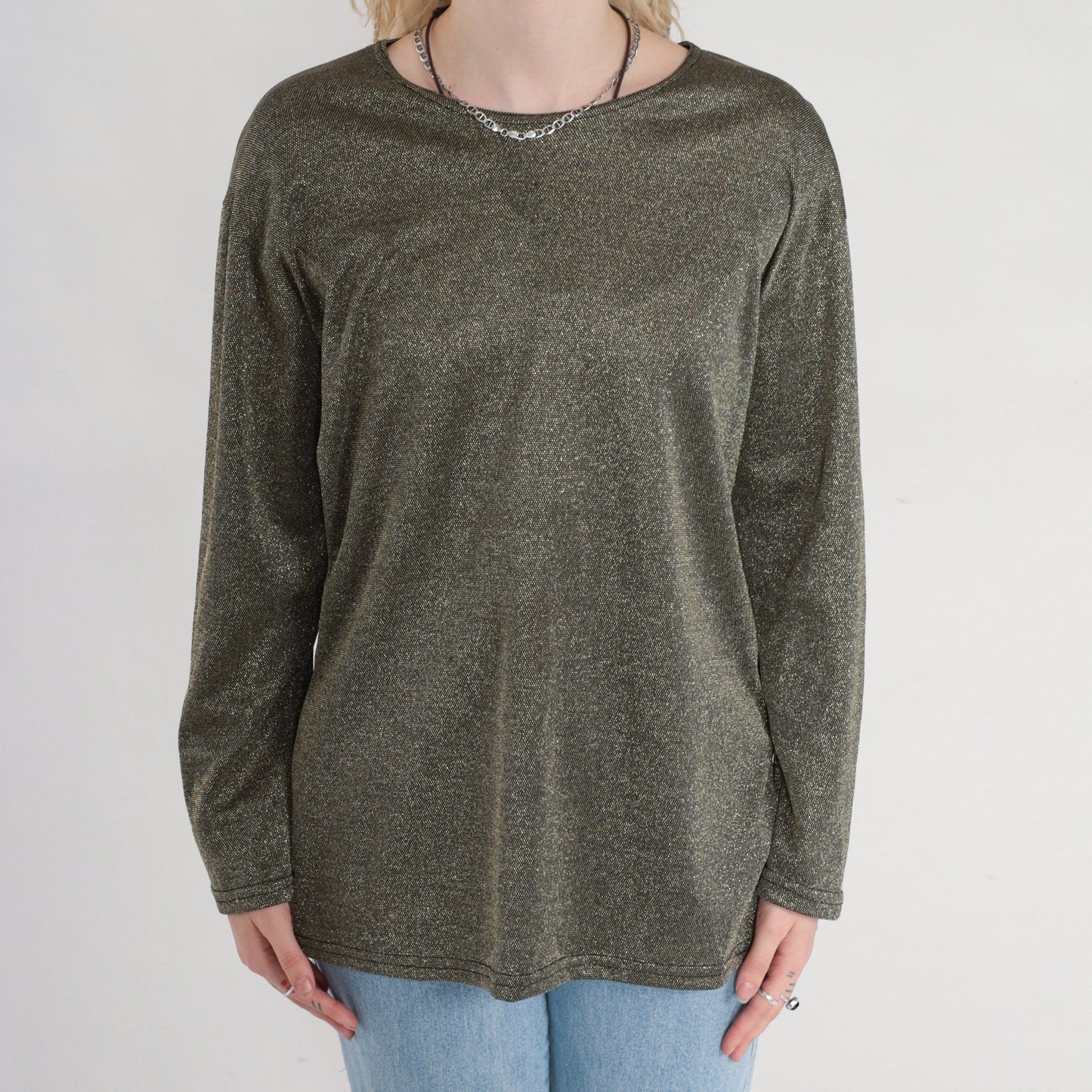 90s Gold Metallic Blouse Long Sleeve Side Slit Party Top Medium