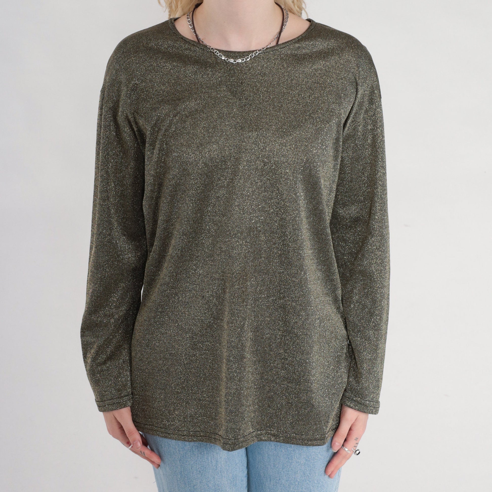 90s Gold Metallic Blouse Long Sleeve Side Slit Party Top Medium