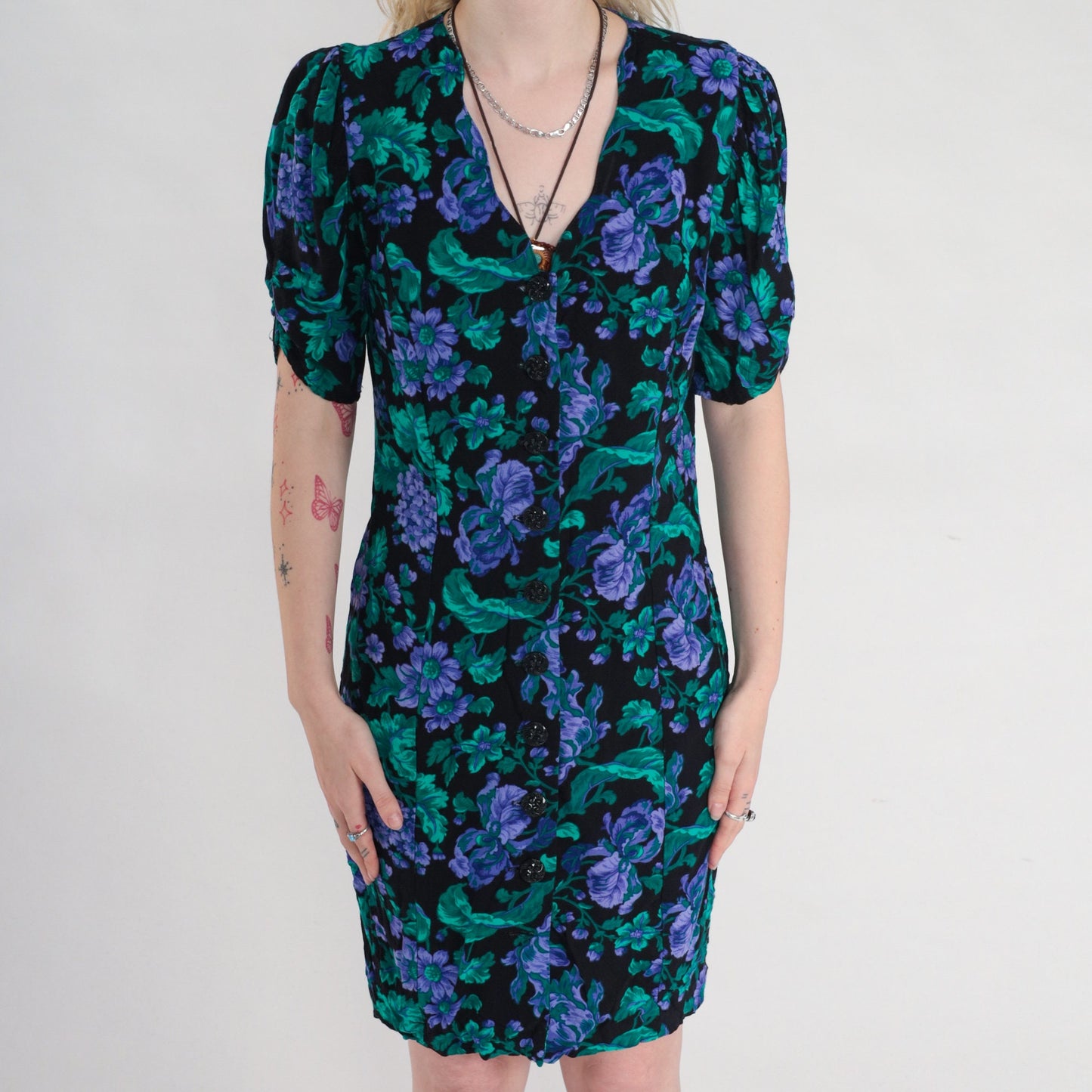 90s All That Jazz Floral Mini Dress Black Puff Sleeve V-Neck Medium