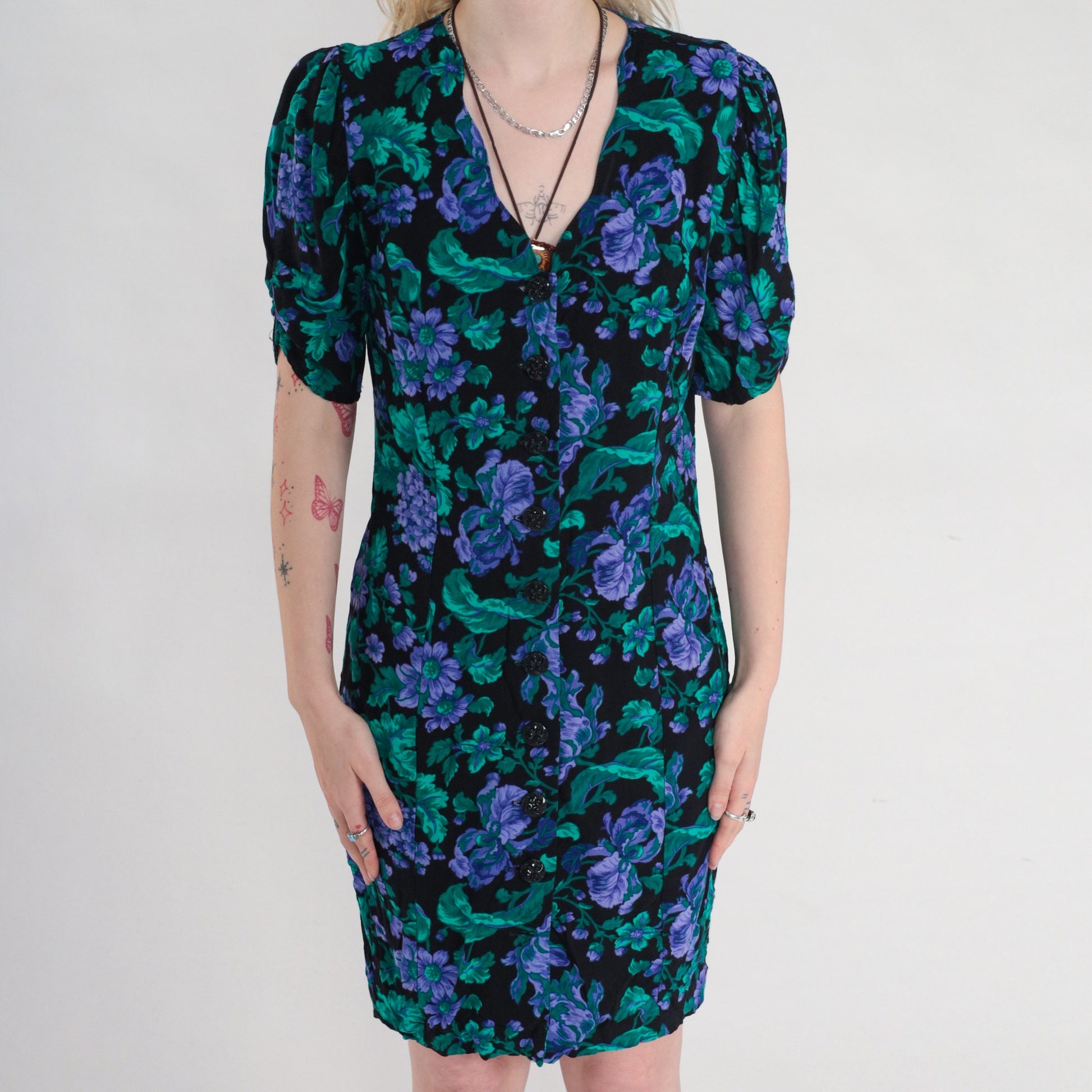 90s All That Jazz Floral Mini Dress Black Puff Sleeve V-Neck Medium