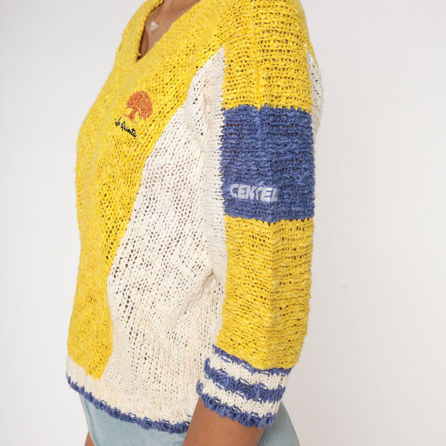 80s La Quinta Color Block Sweater Yellow Purple Cropped Knit Medium