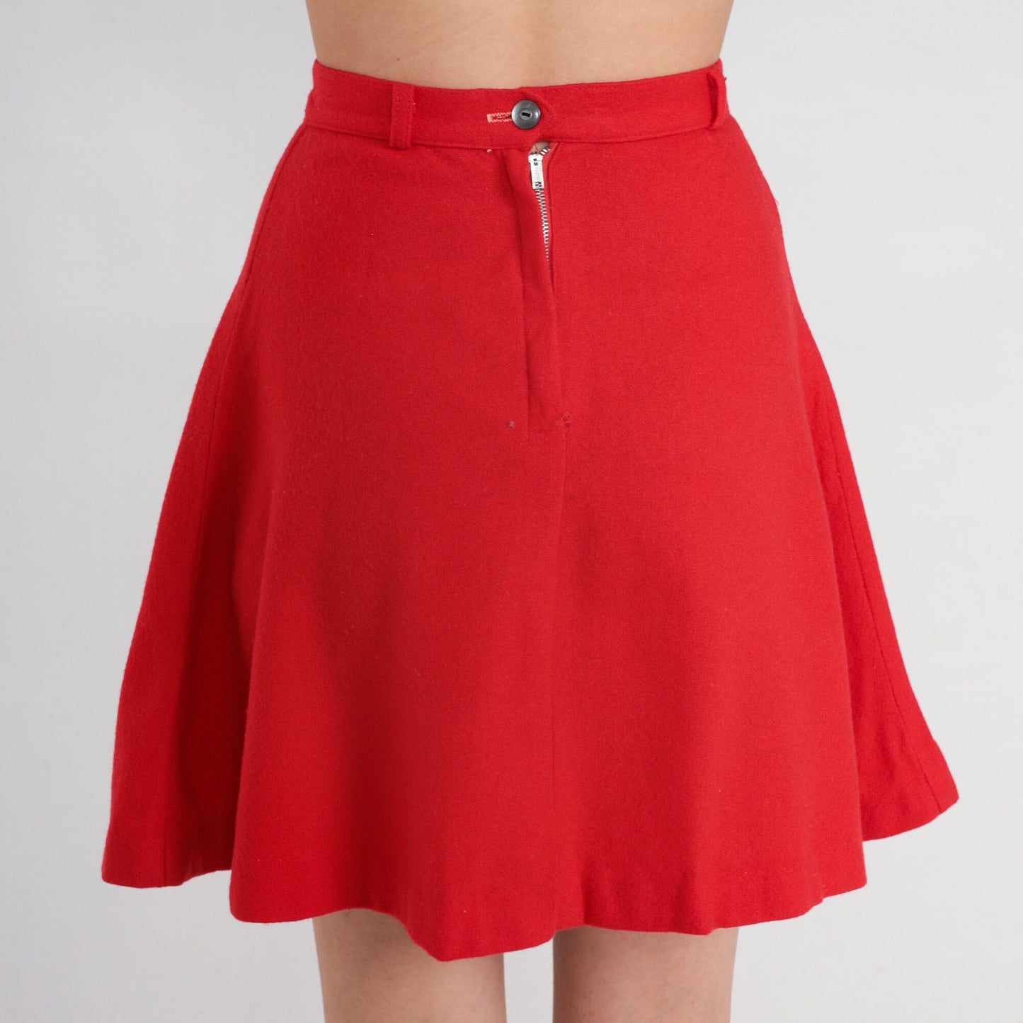60s Red Wool A-Line Mini Skirt High Waisted Rear Zip XXS