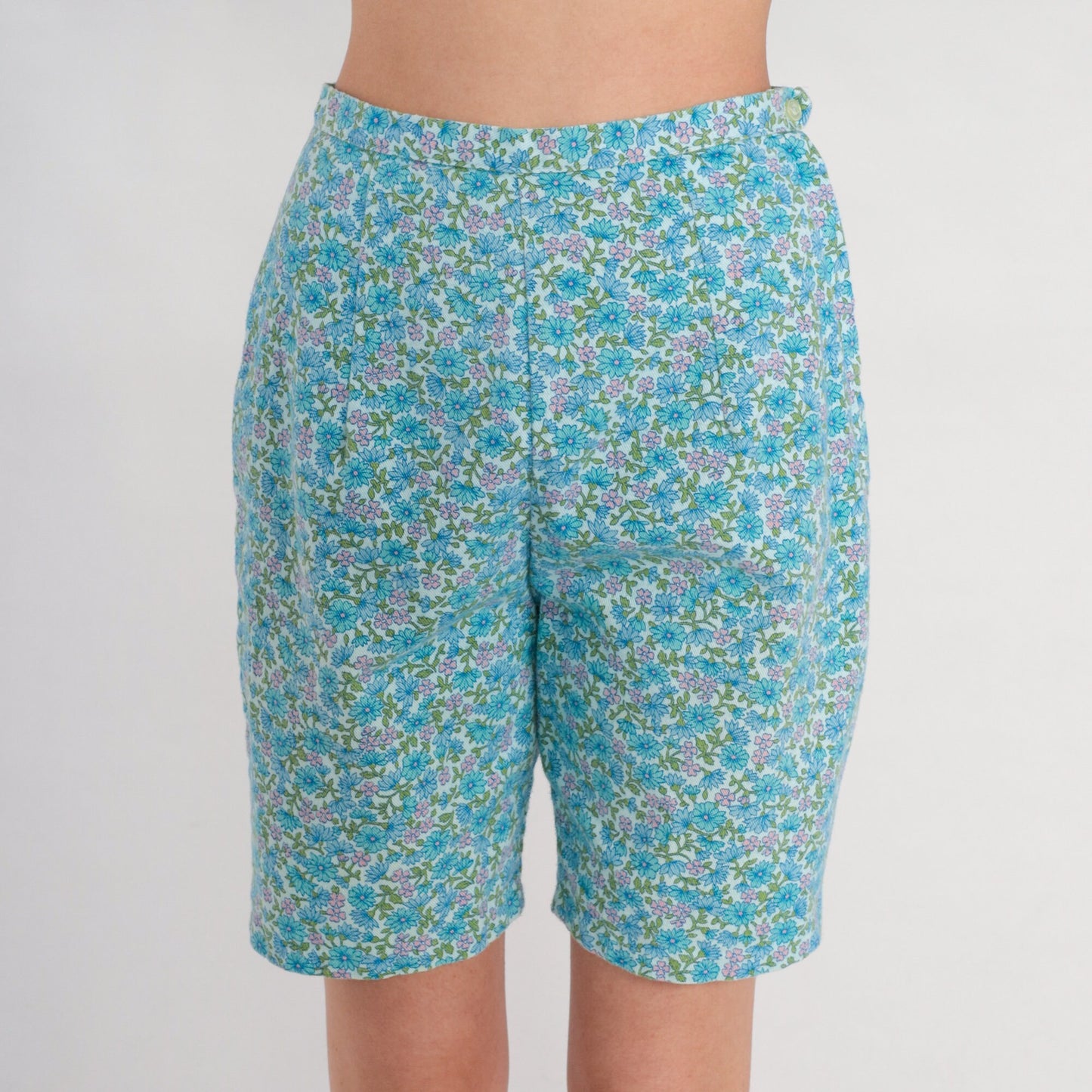 70s Blue Floral High-Waisted Shorts Cotton Flower Print Small S