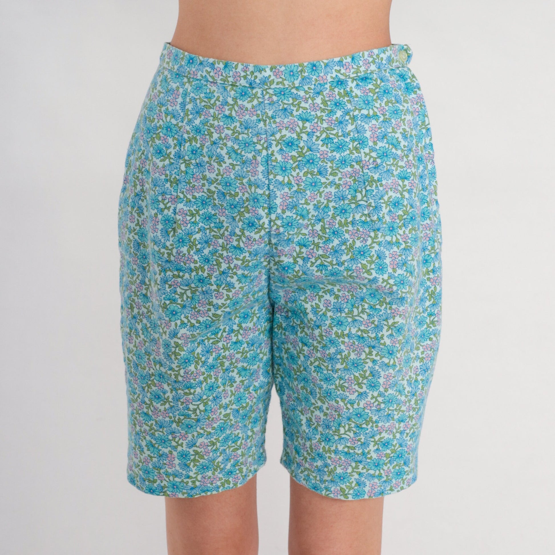 70s Blue Floral High-Waisted Shorts Cotton Flower Print Small S