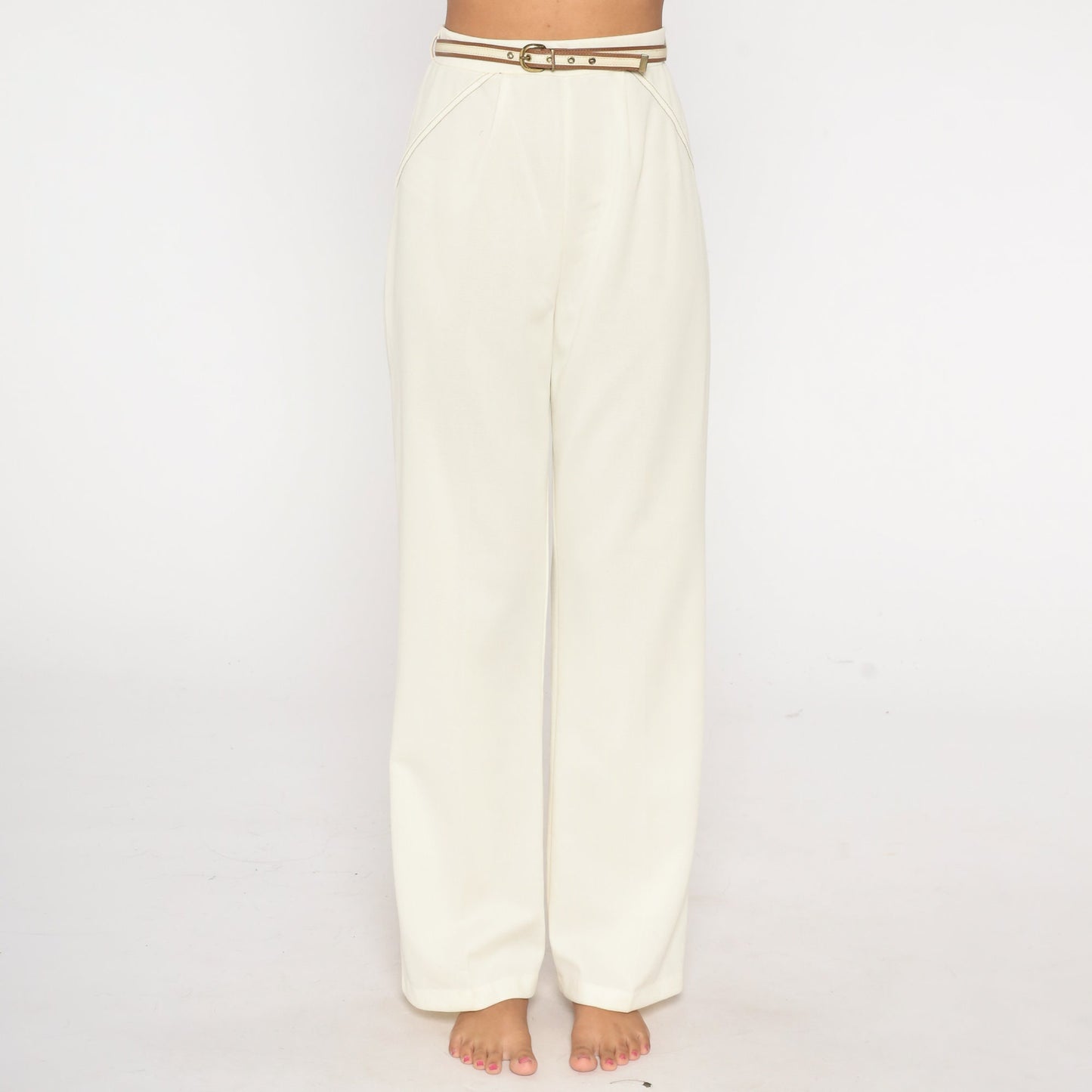 70s White High-Rise Straight Leg Trousers with Belt Medium