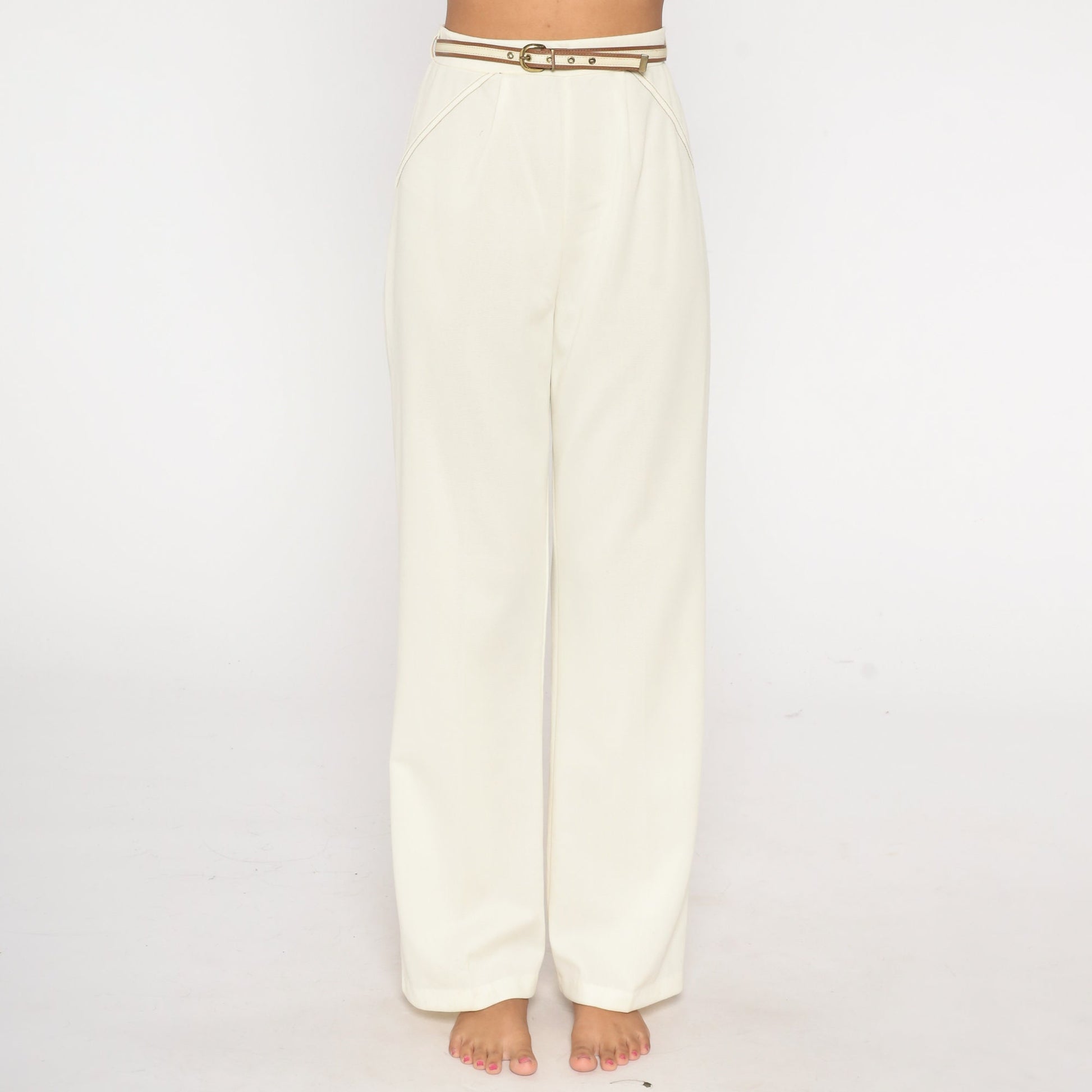 70s White High-Rise Straight Leg Trousers with Belt Medium