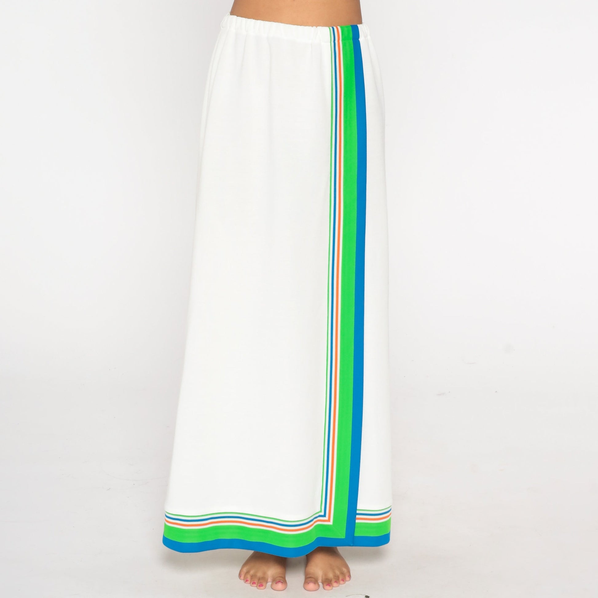 70s White Striped Maxi Skirt High Waist Long Vintage Medium Large