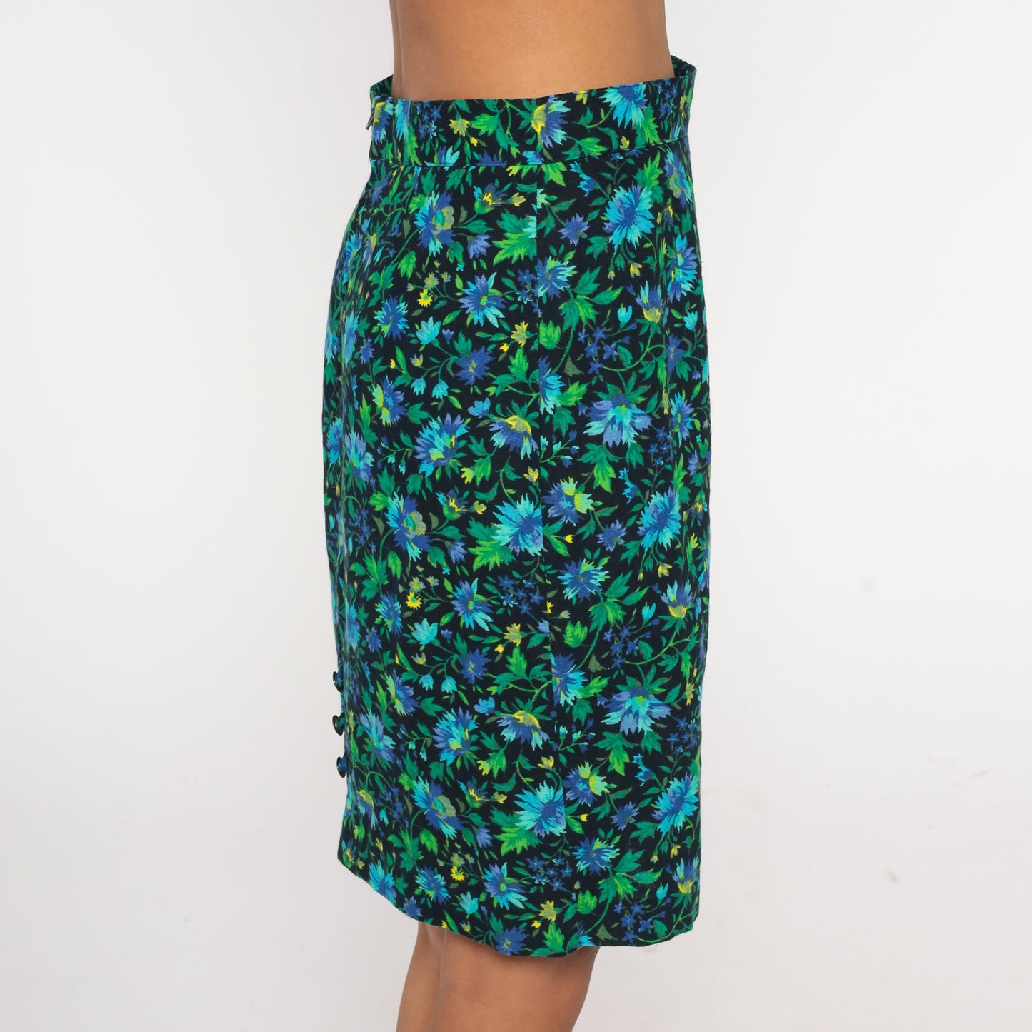 90s United Colors of Benetton Floral Mini Skirt Green Blue High Waist Small