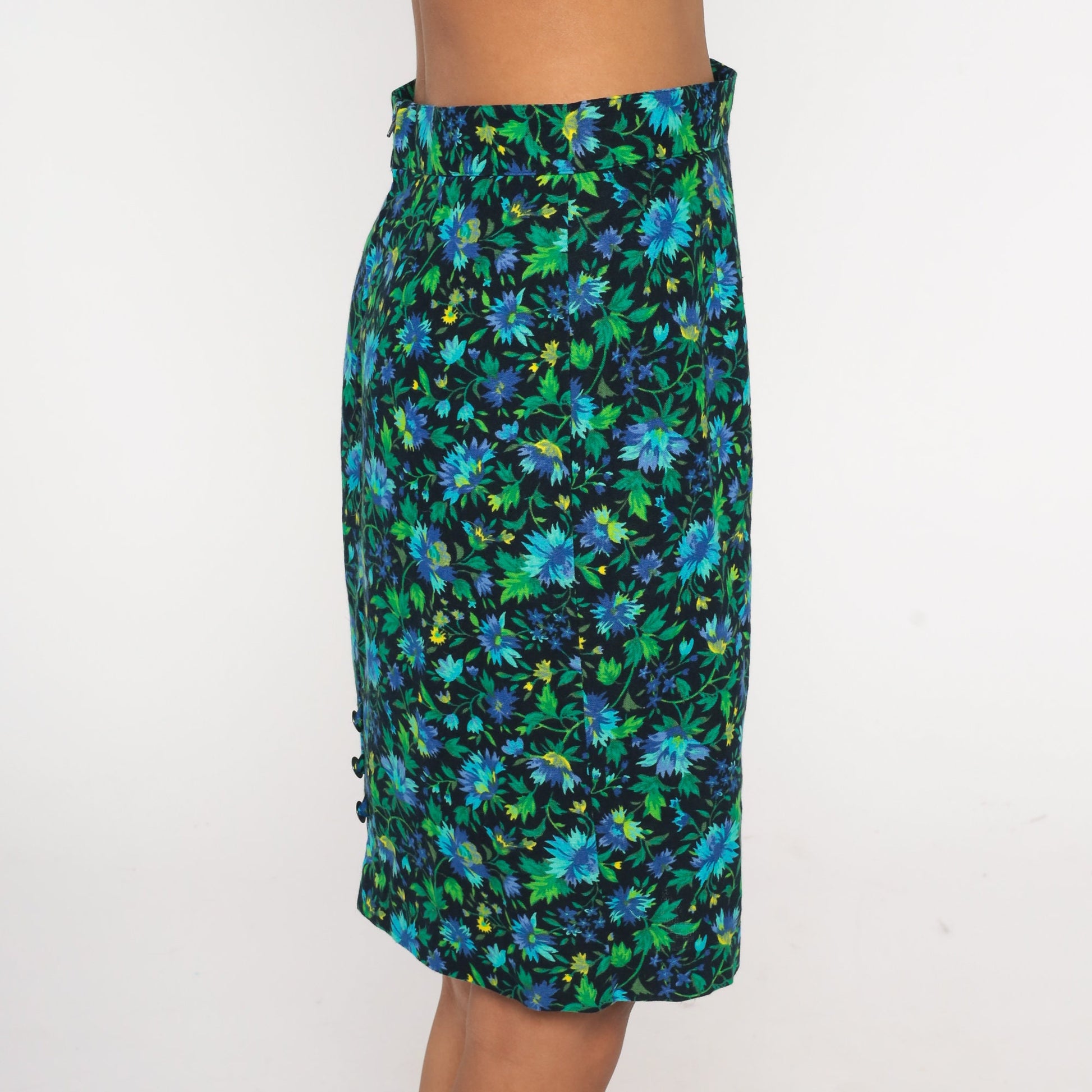 90s United Colors of Benetton Floral Mini Skirt Green Blue High Waist Small
