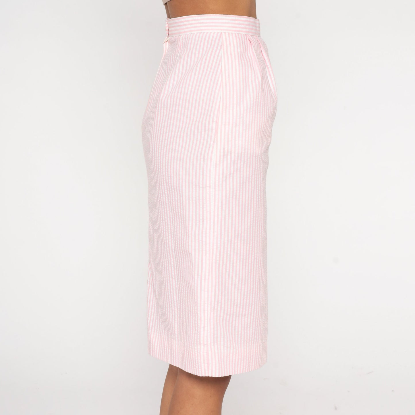80s Seersucker Striped Midi Skirt Pink White High Waist Pencil Extra Small