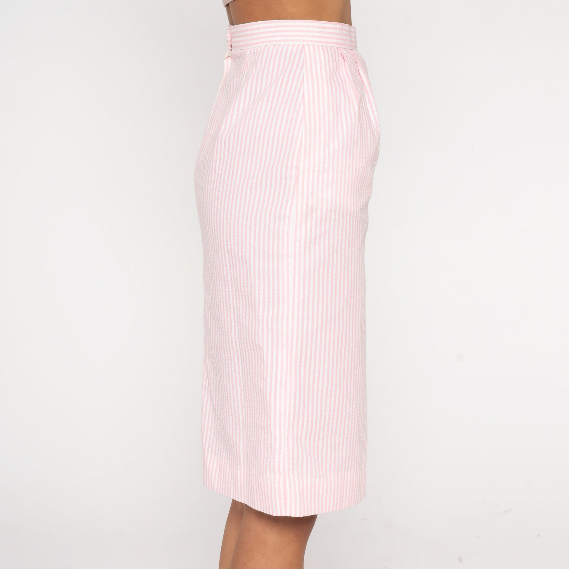 80s Seersucker Striped Midi Skirt Pink White High Waist Pencil Extra Small