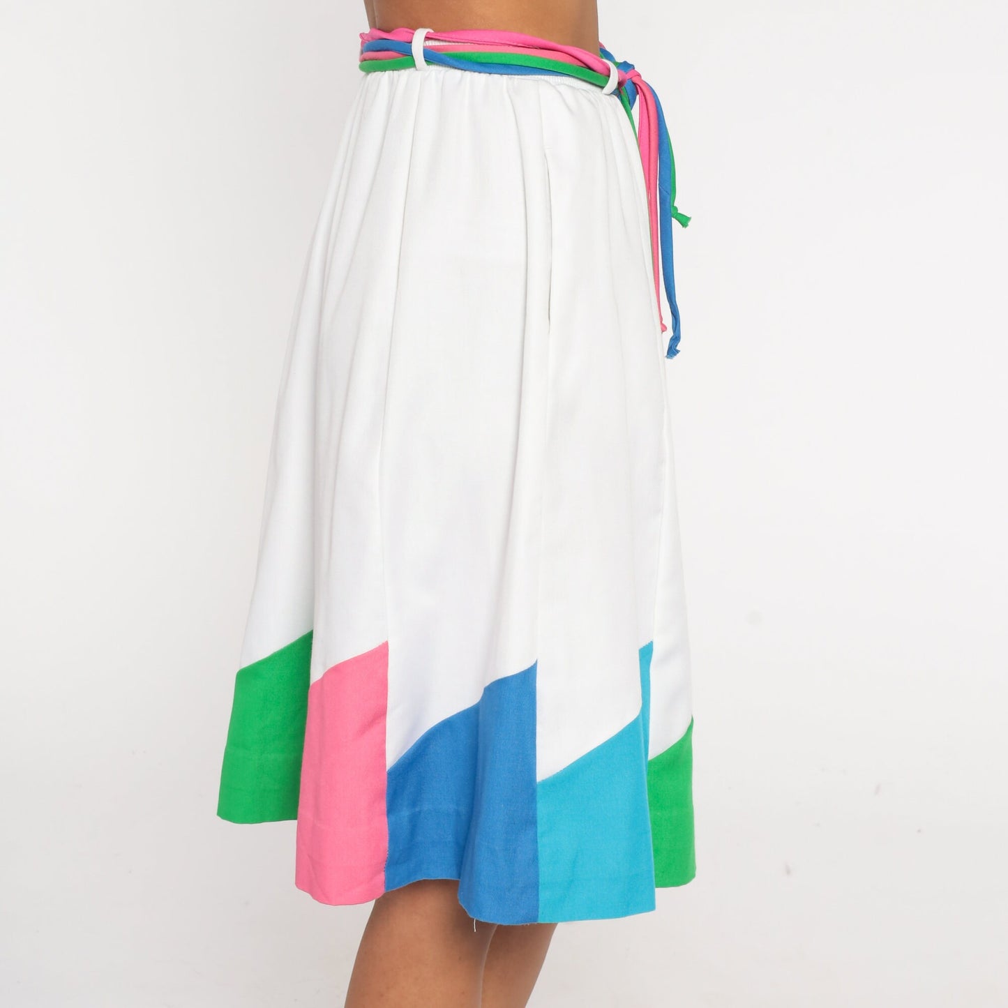 80s Color Block A-Line Skirt White Pink Blue High Waist Belted Pockets Extra Small