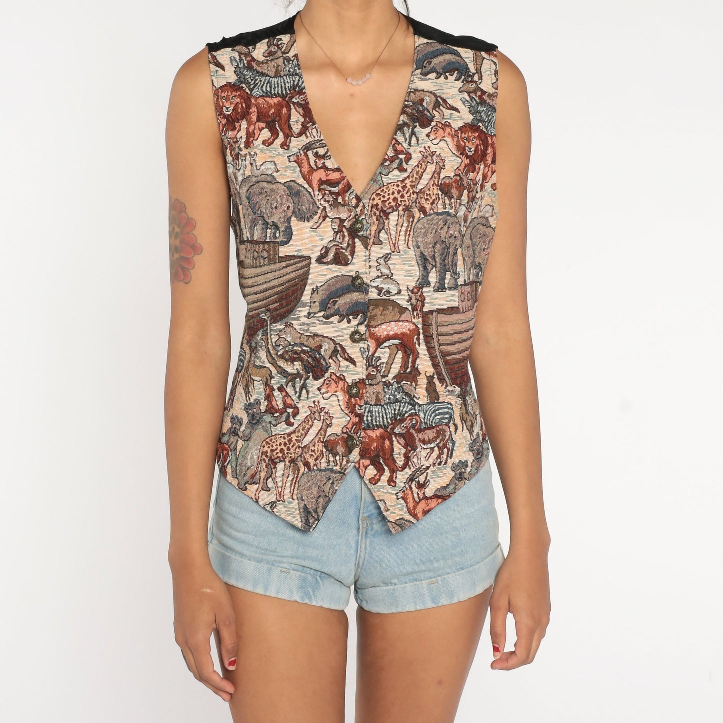 90s Noah's Ark Animal Print Tapestry Vest Sleeveless Jacket Medium Large