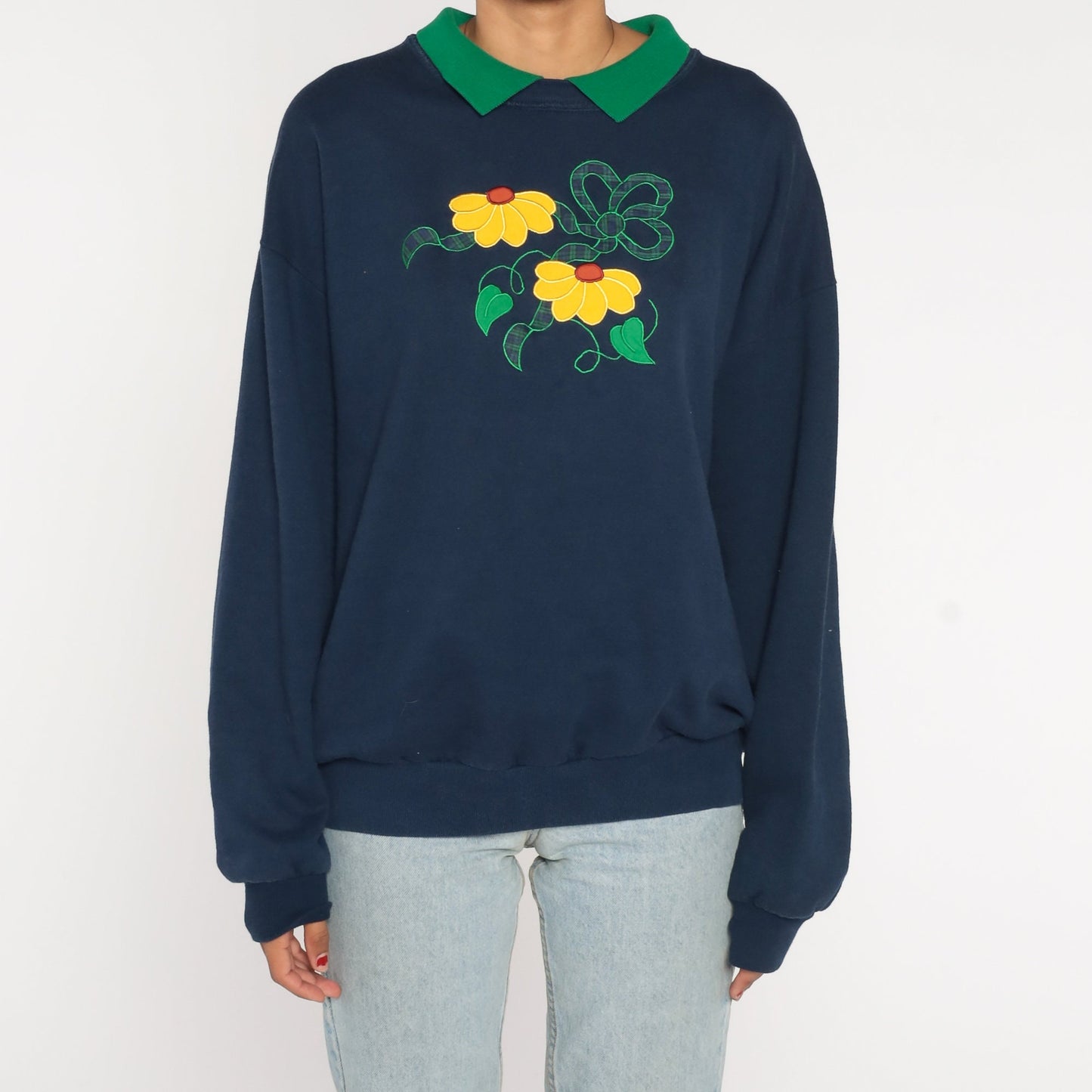 90s Jerzees Collared Floral Sweatshirt Navy Blue Black Eyed Susan Extra Large XXL