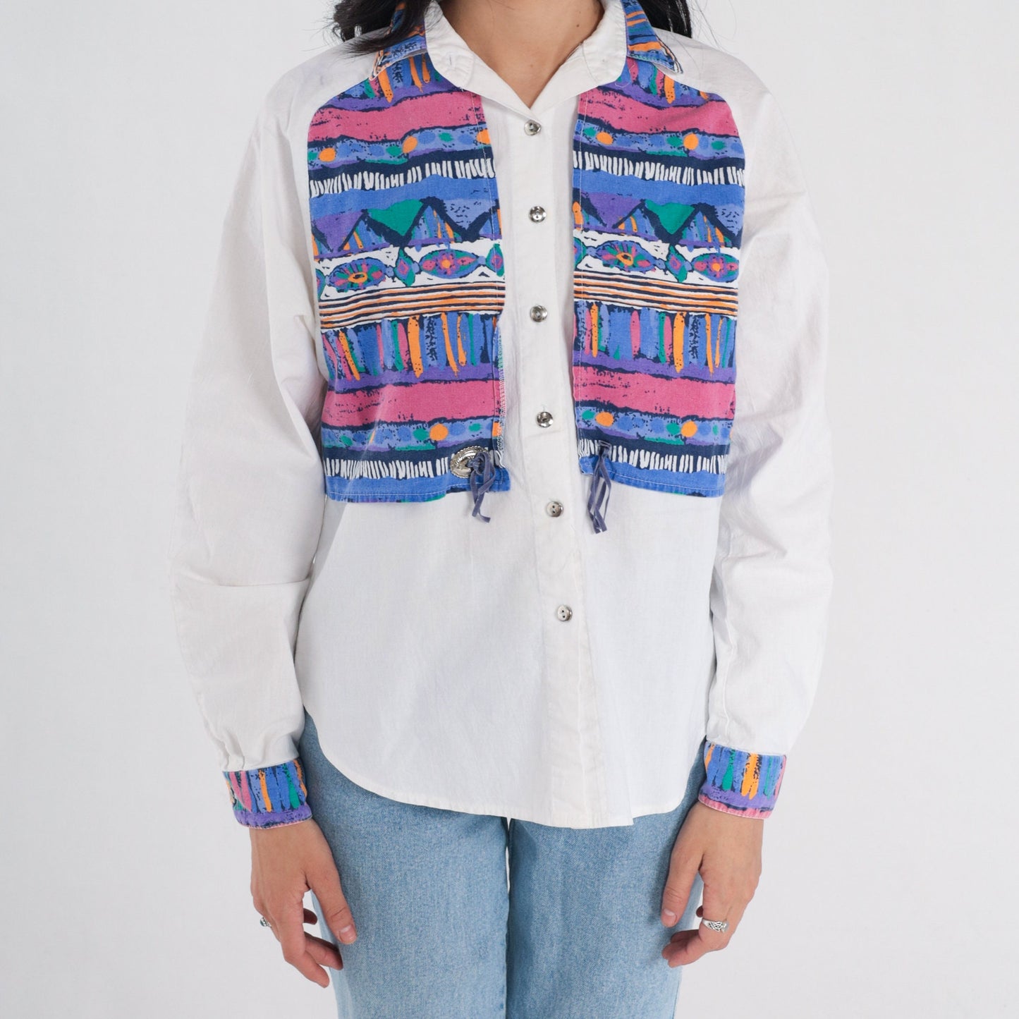 90s Southwestern Button-Up Blouse White Concho Yoke Layered Print Medium