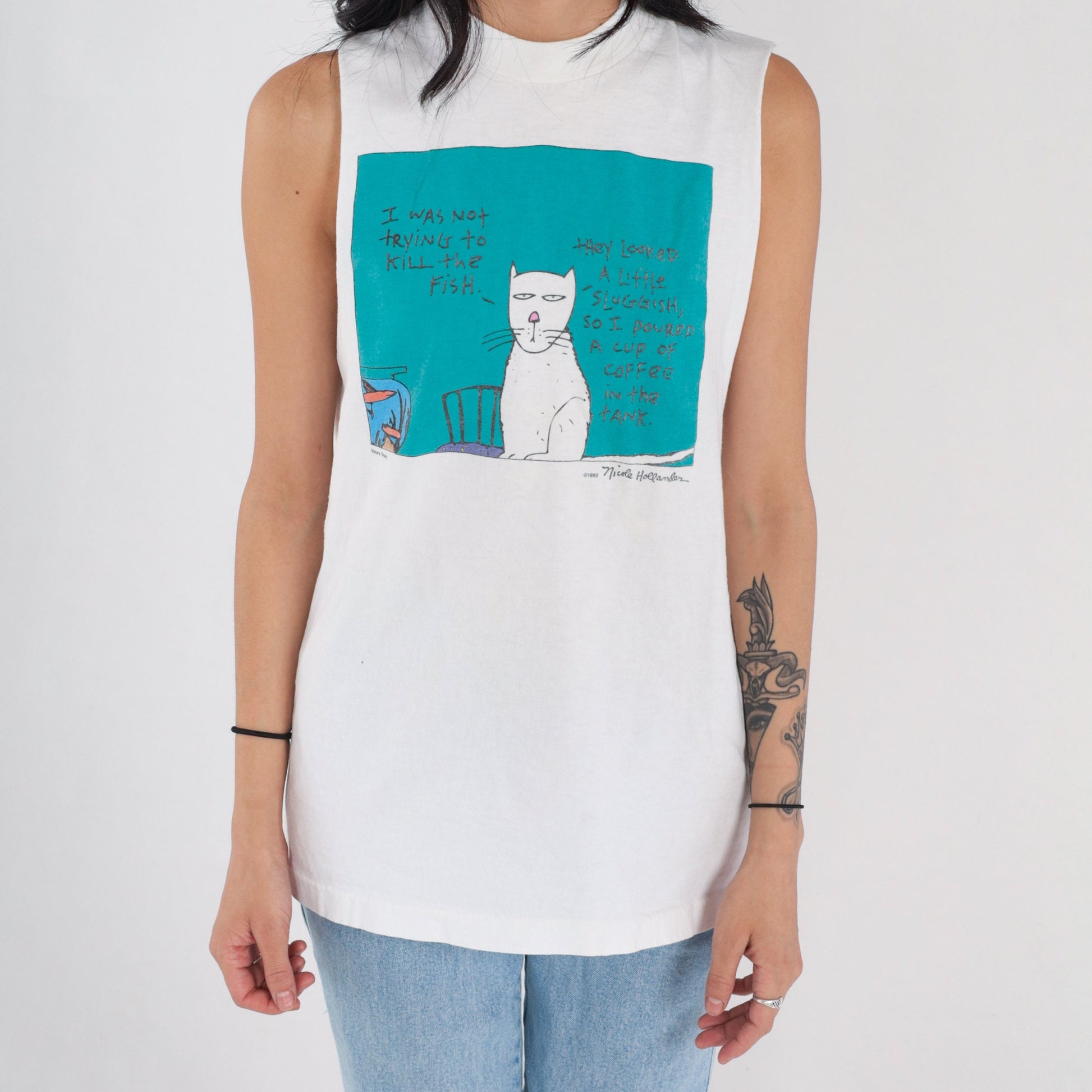 90s Evil Cat Graphic Tank Top Nicole Hollander White Medium M