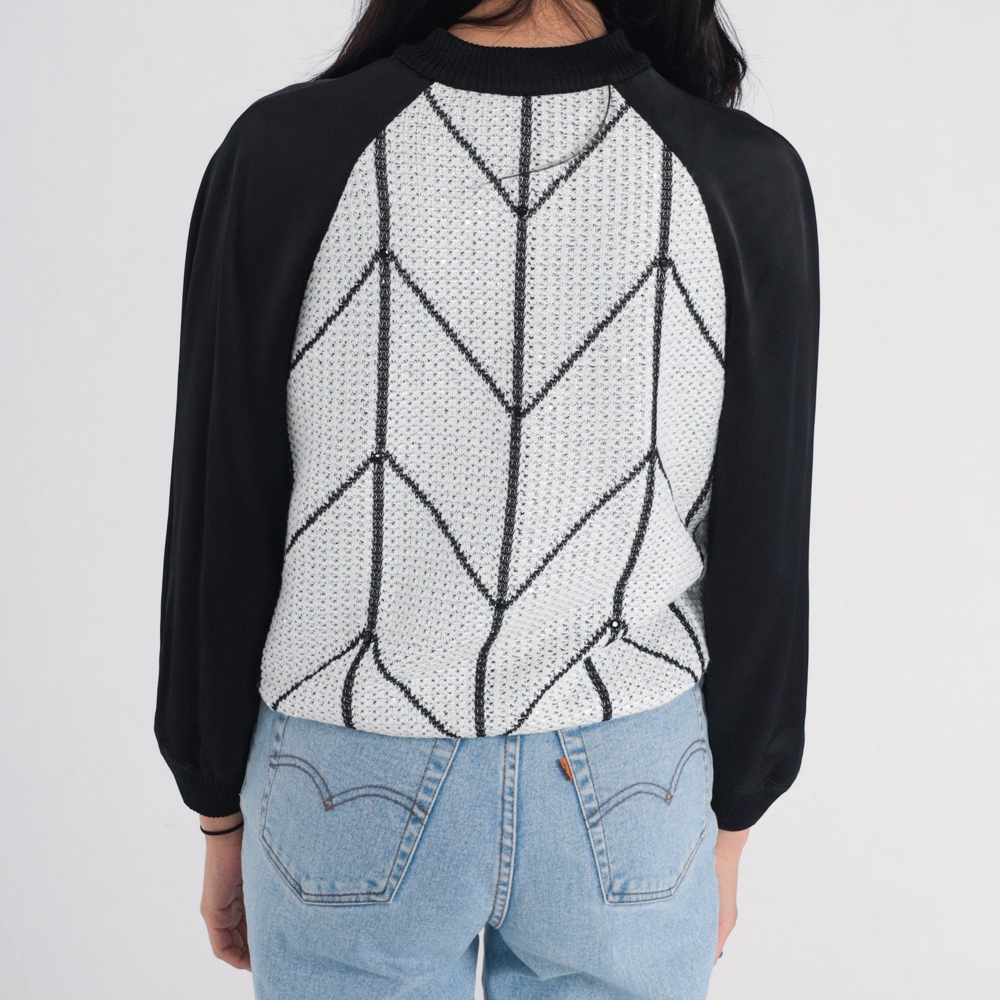 St John Couture Y2K Zip Cardigan Black White Chevron Sequin Silk Blend Small S