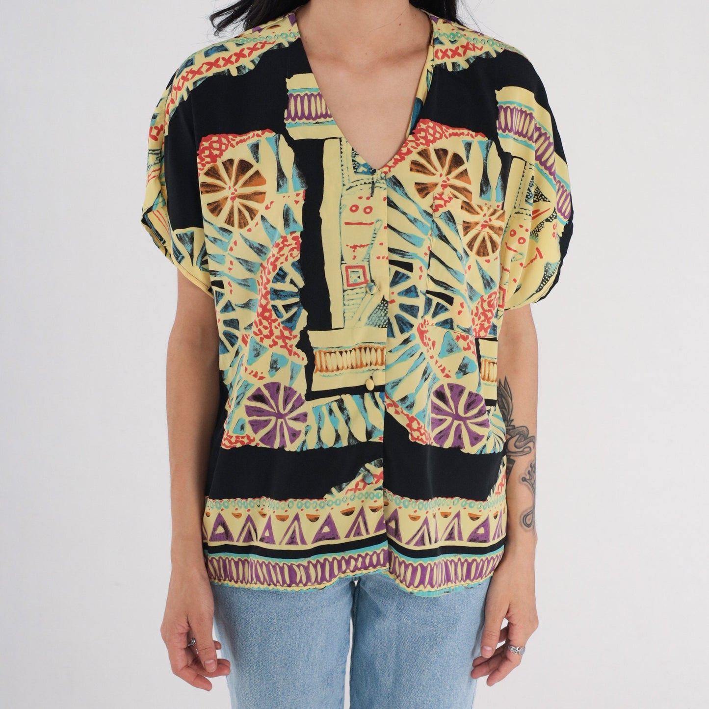 90s Abstract Print Button-Up Blouse Multicolor Short Sleeve Medium M