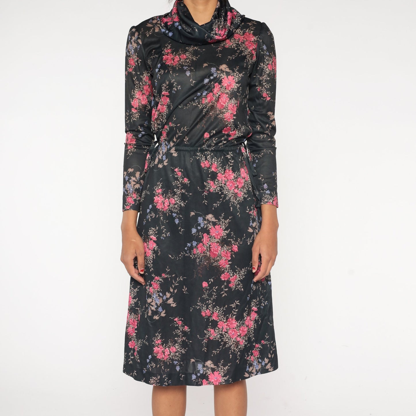 70s Black Floral Midi Dress Cowl Neck High Waist Long Sleeve Small Medium