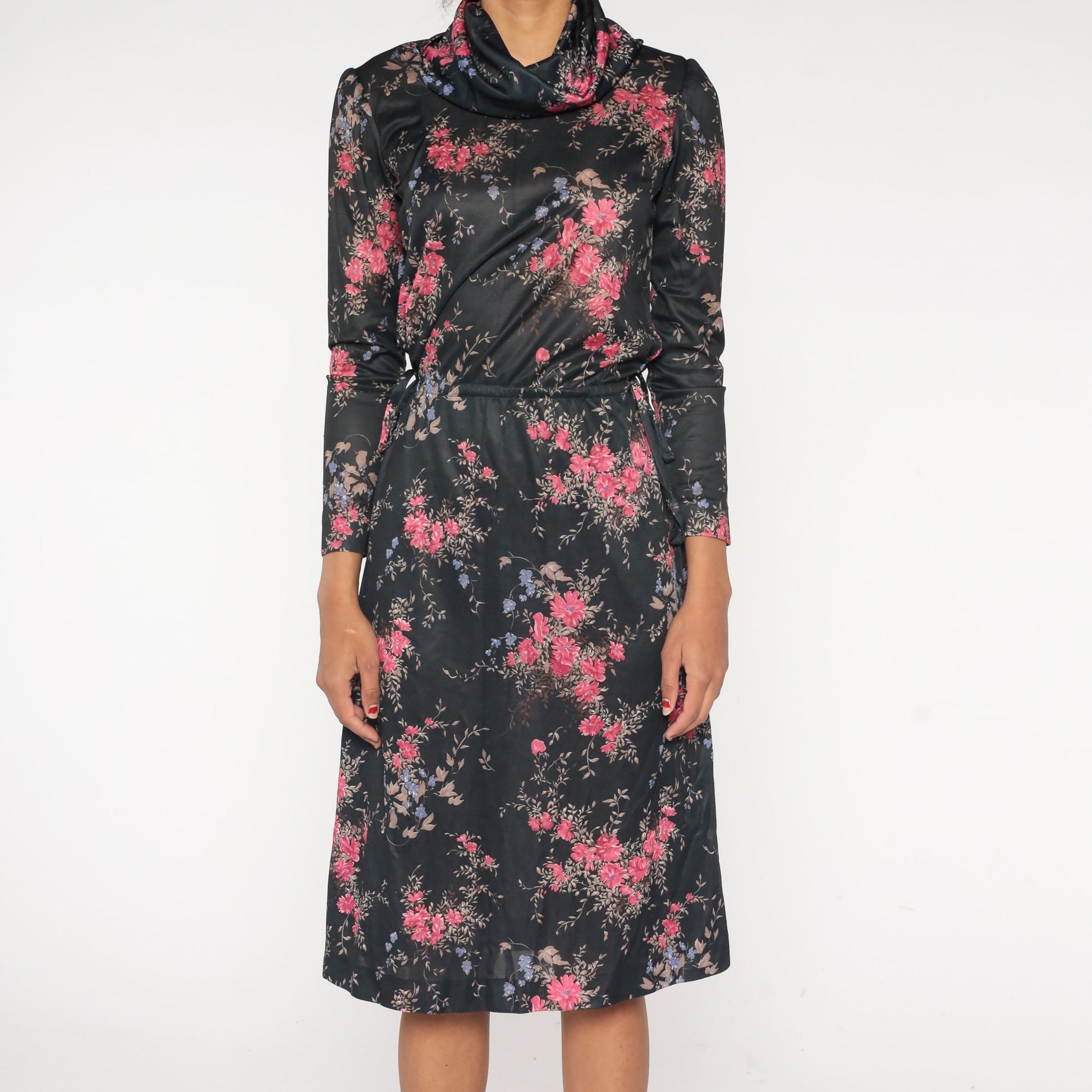 70s Black Floral Midi Dress Cowl Neck High Waist Long Sleeve Small Medium